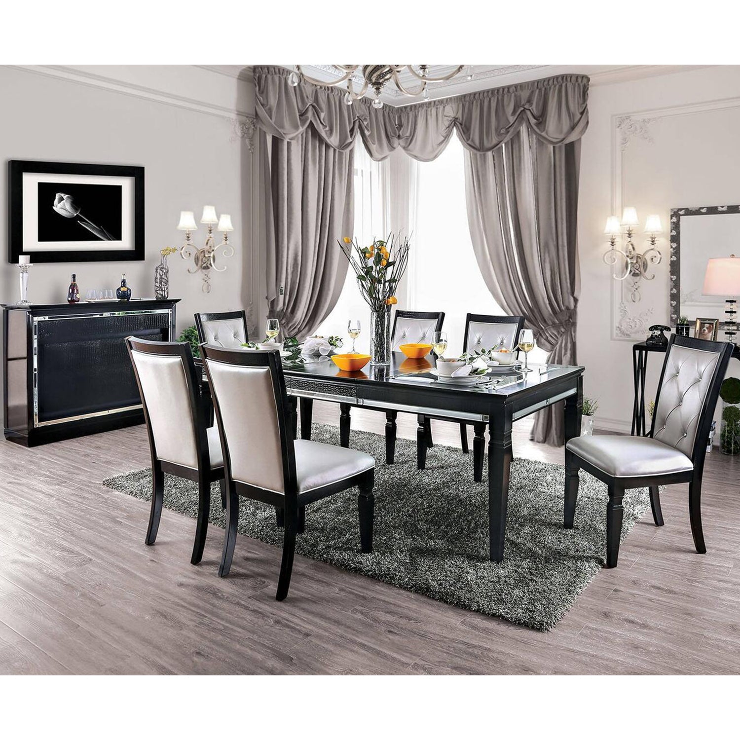 Set Of 2 Dining Side Chair In Black And Silver Finish Black Dining Room Dining Chairs Tufted Back Faux Leather