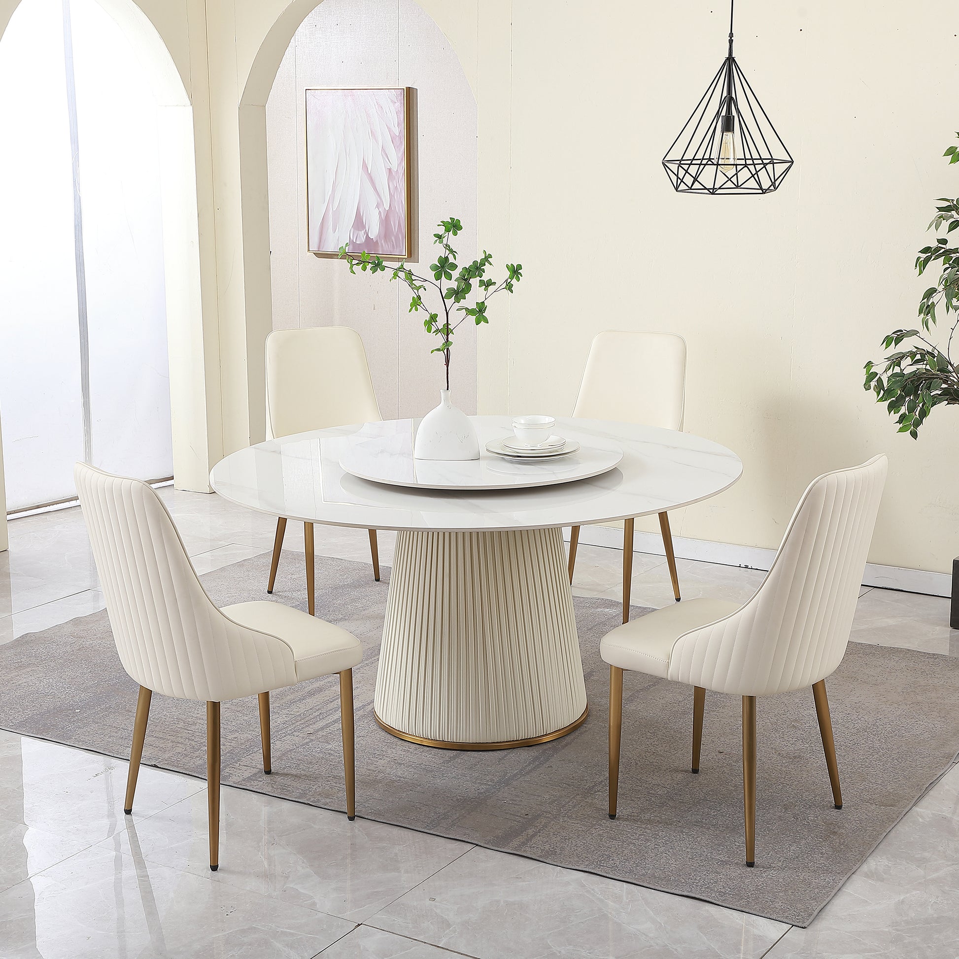 59"Modern Sintered Stone Dining Table With 31.5" Round Turntable With Wood And Metal Exquisite Pedestal With 8 Pcs Chairs . White Seats 8 American Design Round Sintered Stone