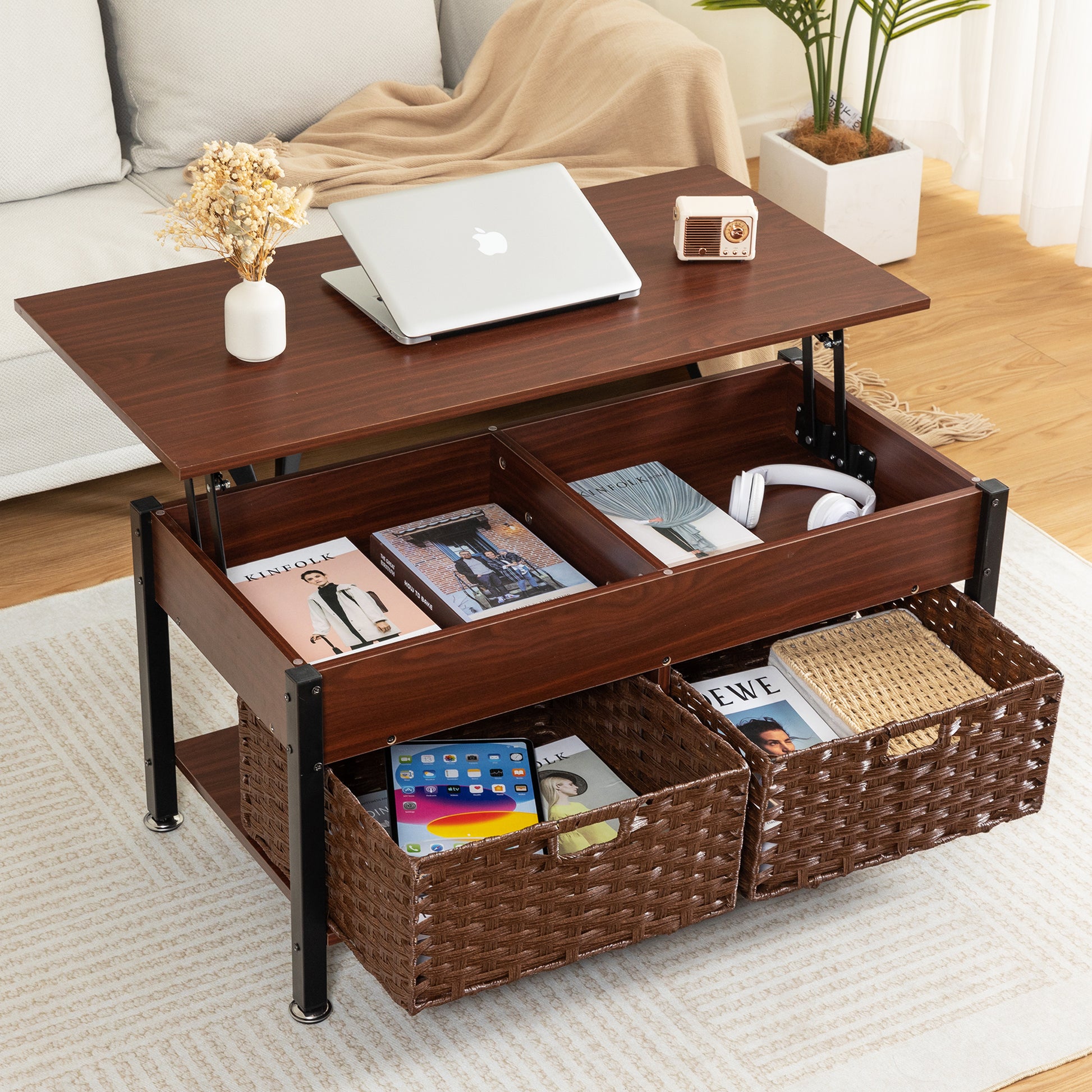 Metal Coffee Table,Desk,With A Lifting Table,And Hidden Storage Space.There Were Two Removable Wicker Baskets That Could Be Placed In Any Space Such As The Living Room,Color:Brownwith Solid Wood Grain Brown Height Adjustable & Standing Desks Primary