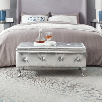 Upholstered Storage Ottoman Bench For Bedroom End Of Bed Faux Leather Rectangular Storage Benches Footrest With Crystal Buttons For Living Room Entryway Silver White Wood Bedroom Black Pattern Pine Wood With Storage Silver Faux Leather Faux Leather