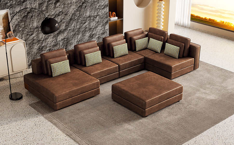 112.7" Modular Sectional Sofa Corner Sofa Chaise Lounge With Movable Ottoman For Living Room, Brown Brown Foam Palomino Fabric