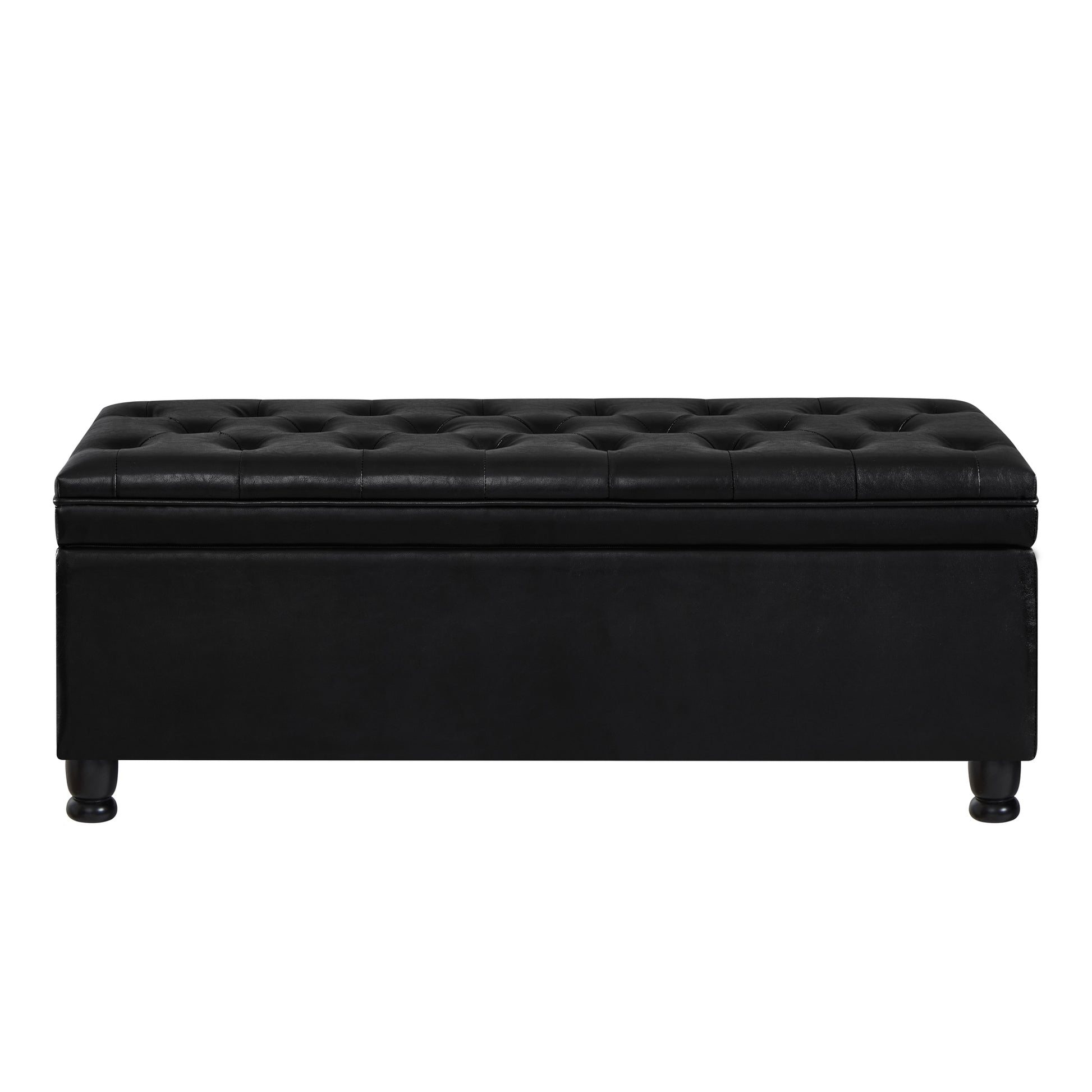 Upholstered Tufted Button Storage Bench ,Faux Leather Entry Bench With Spindle Wooden Legs, Bed Bench Black Tufted Black Espresso Linen Or Linen Blend Primary Living Space Black American Design Rubberwood Wood Internal Storage Foam Pu