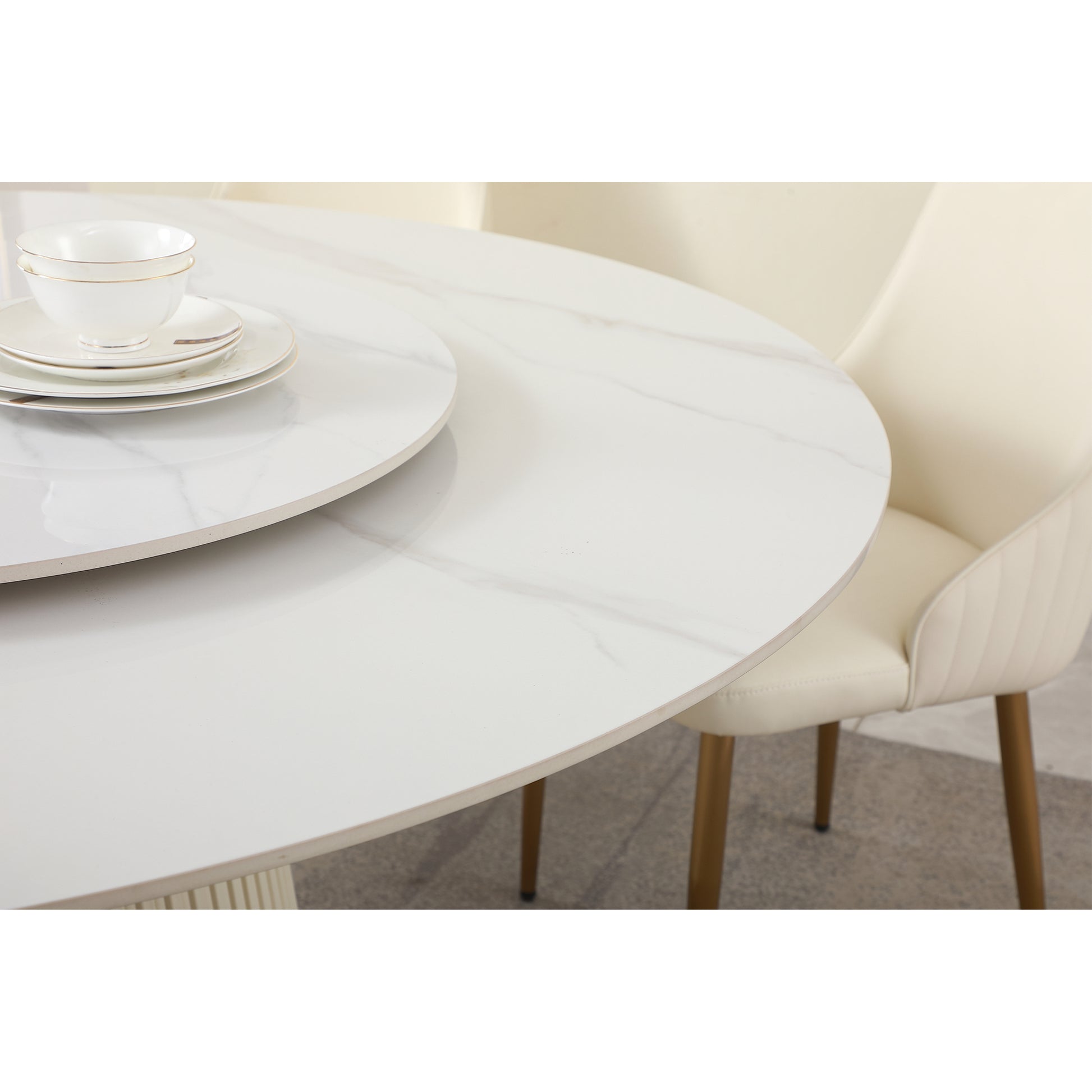 59"Modern Sintered Stone Dining Table With 31.5" Round Turntable With Wood And Metal Exquisite Pedestal With 8 Pcs Chairs . White Seats 8 American Design Round Sintered Stone