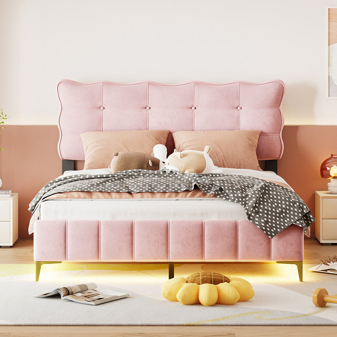 Queen Size Velvet Platform Bed With Led Frame And Stylish Mental Bed Legs, Pink Pink Velvet