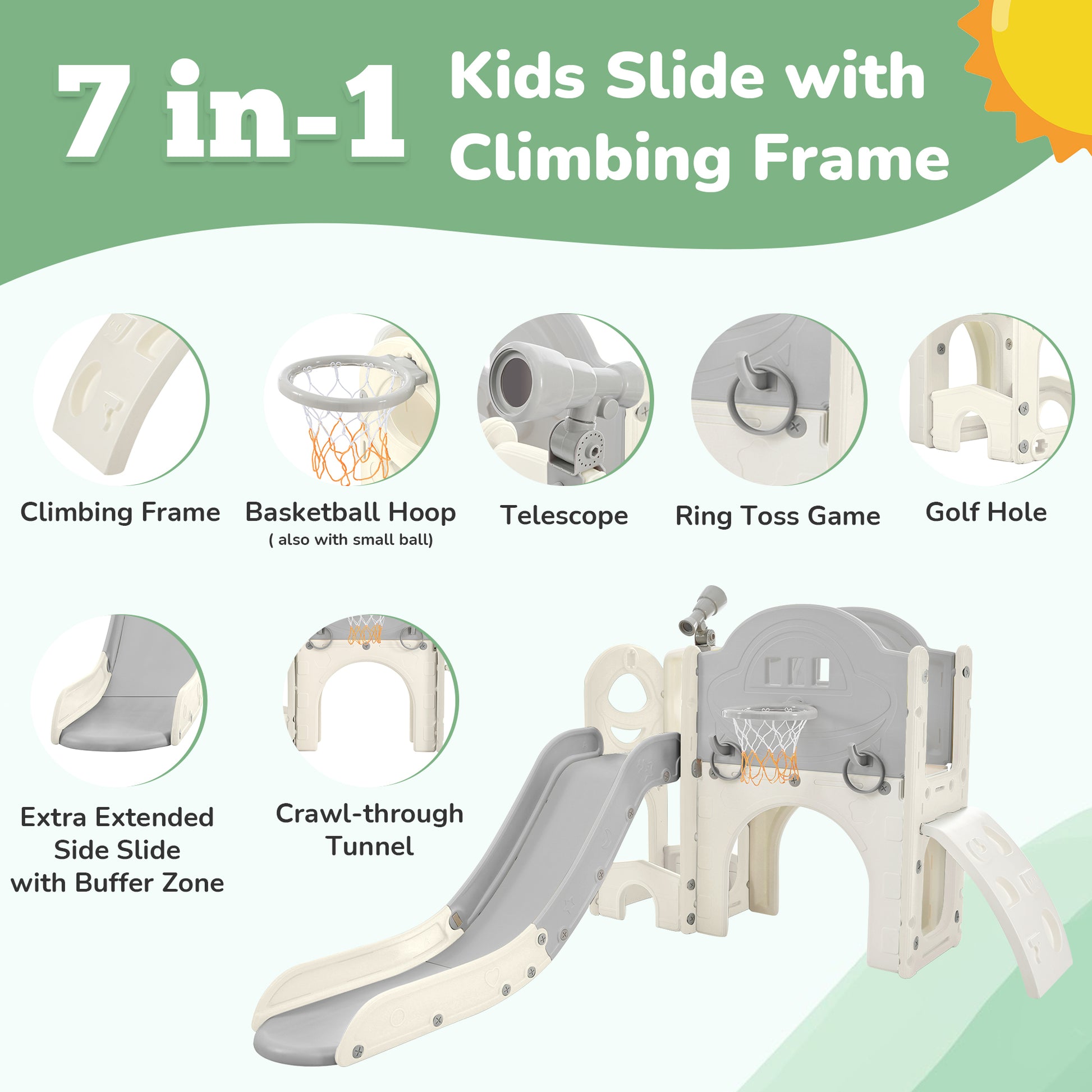 Kids Slide Playset Structure 7 In 1, Freestanding Space Set With Slide, Arch Tunnel, Ring Toss And Basketball Hoop, Toy Storage Organizer For Toddlers, Kids Climbers Playground Grey White Hdpe