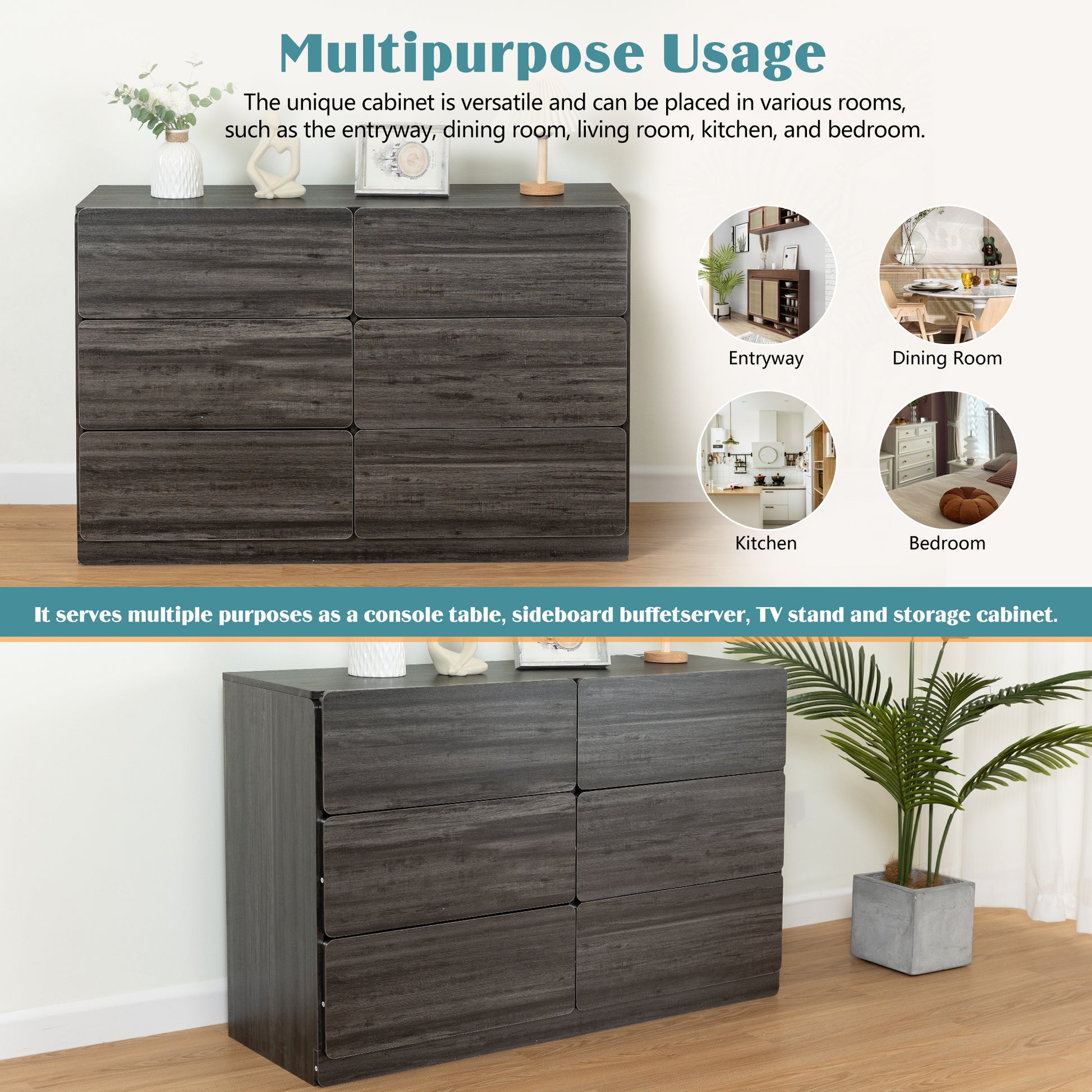 Drawer Dresser Cabinet,Sideboard,Bar Cabinet,Buffet Server Console,Table Storge Cabinets,Flat Out The Corners Of The Drawers,Six Drawers,For Dining Room,Living Room,Bedroom,Kitchen Hallway,Dark Gray