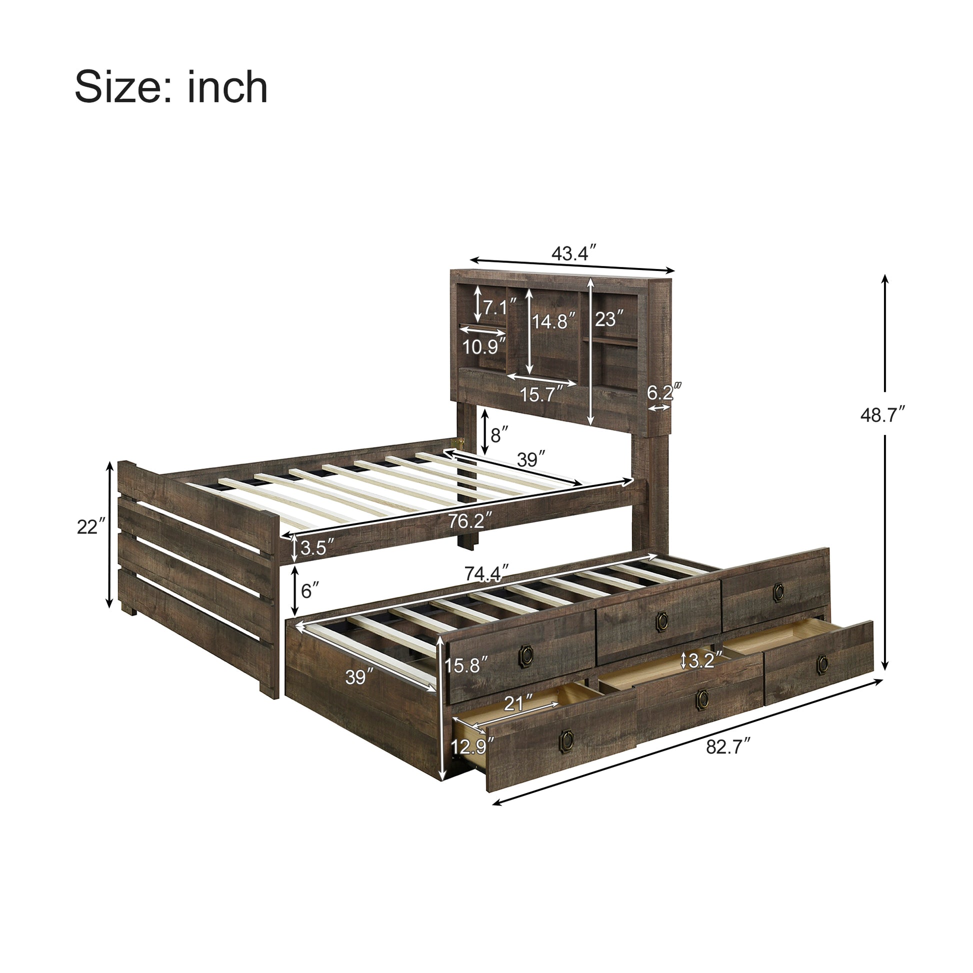 2 Pieces Bedroom Sets Farmhouse Style Twin Size Bookcase Captain Bed And Nightstand, Rustic Brown Twin Rustic Brown Bed Included,Nightstand Included Plywood