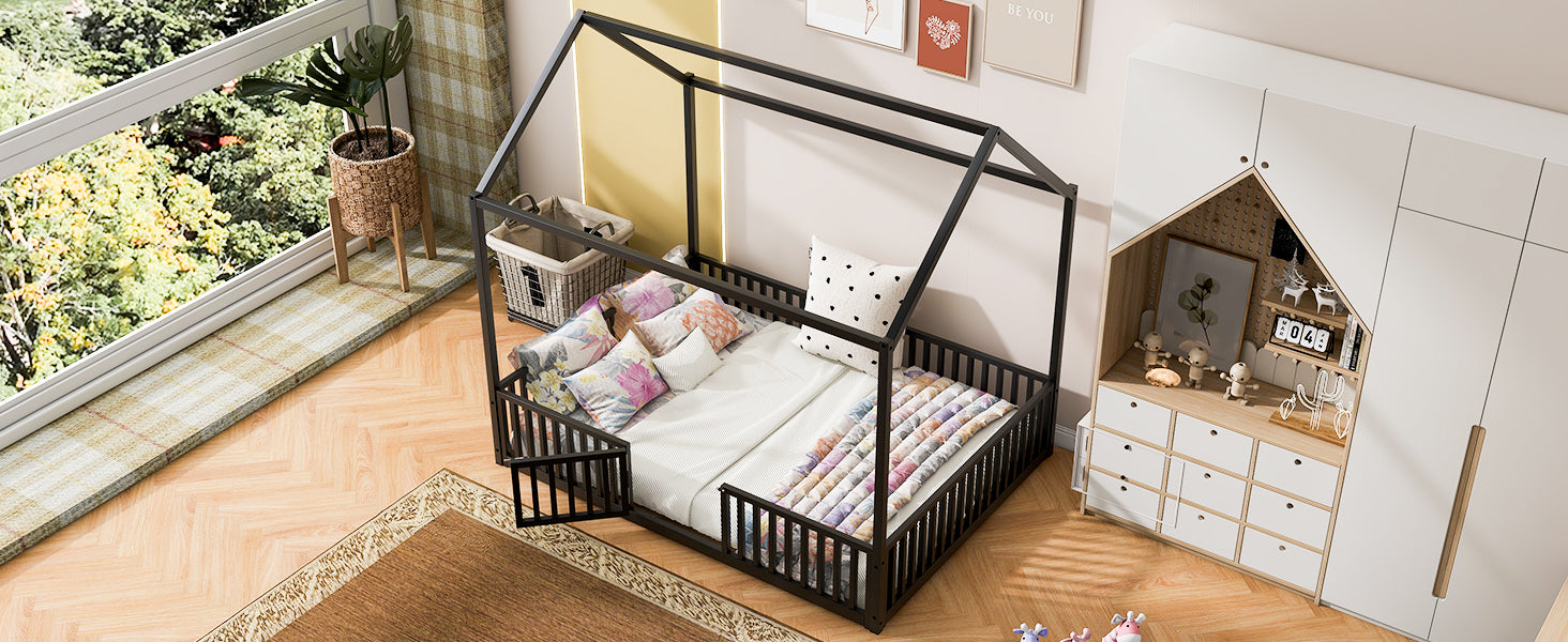 Full Size Metal House Bed With Fence And Door, Black Black Metal