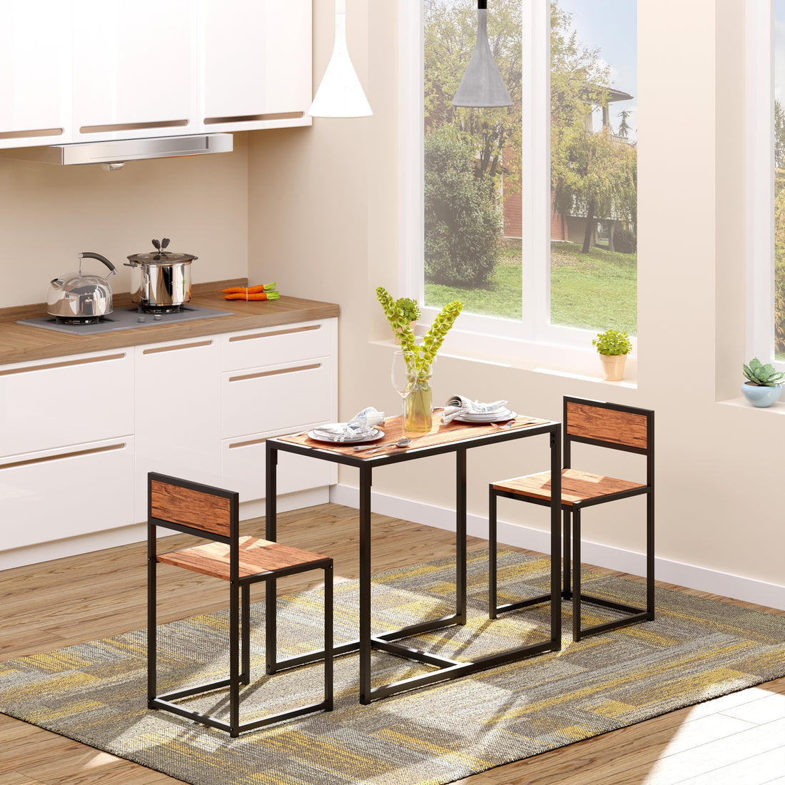 Homcom 3 Piece Industrial Dining Table Set For 2, Kitchen Table And Chairs, Dining Room Sets For Small Spaces Brown Mdf