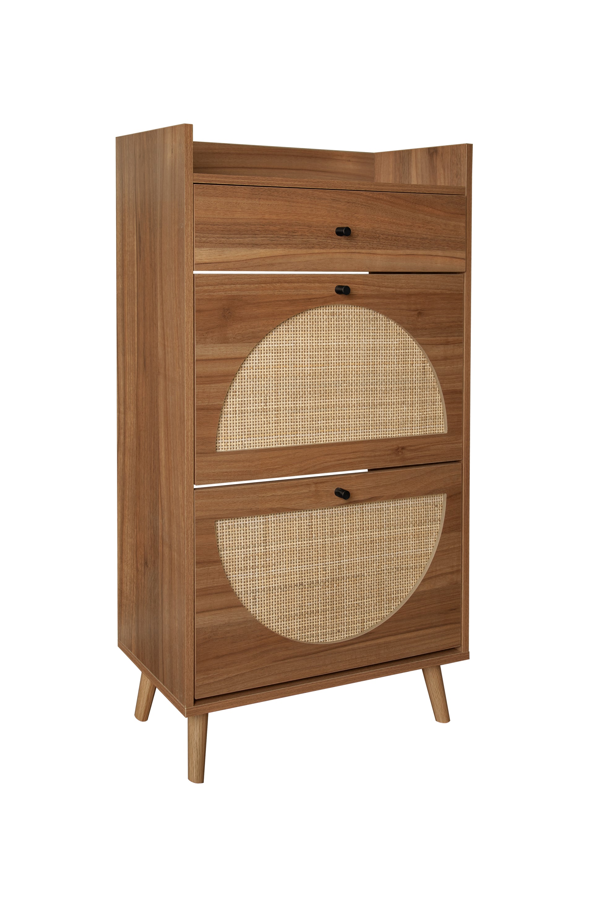 Rattan, Allen 2 Door 1 Drawer Cabinet, Shoe Rack, Double Layer, Suitable For Entrance Walnut Particle Board