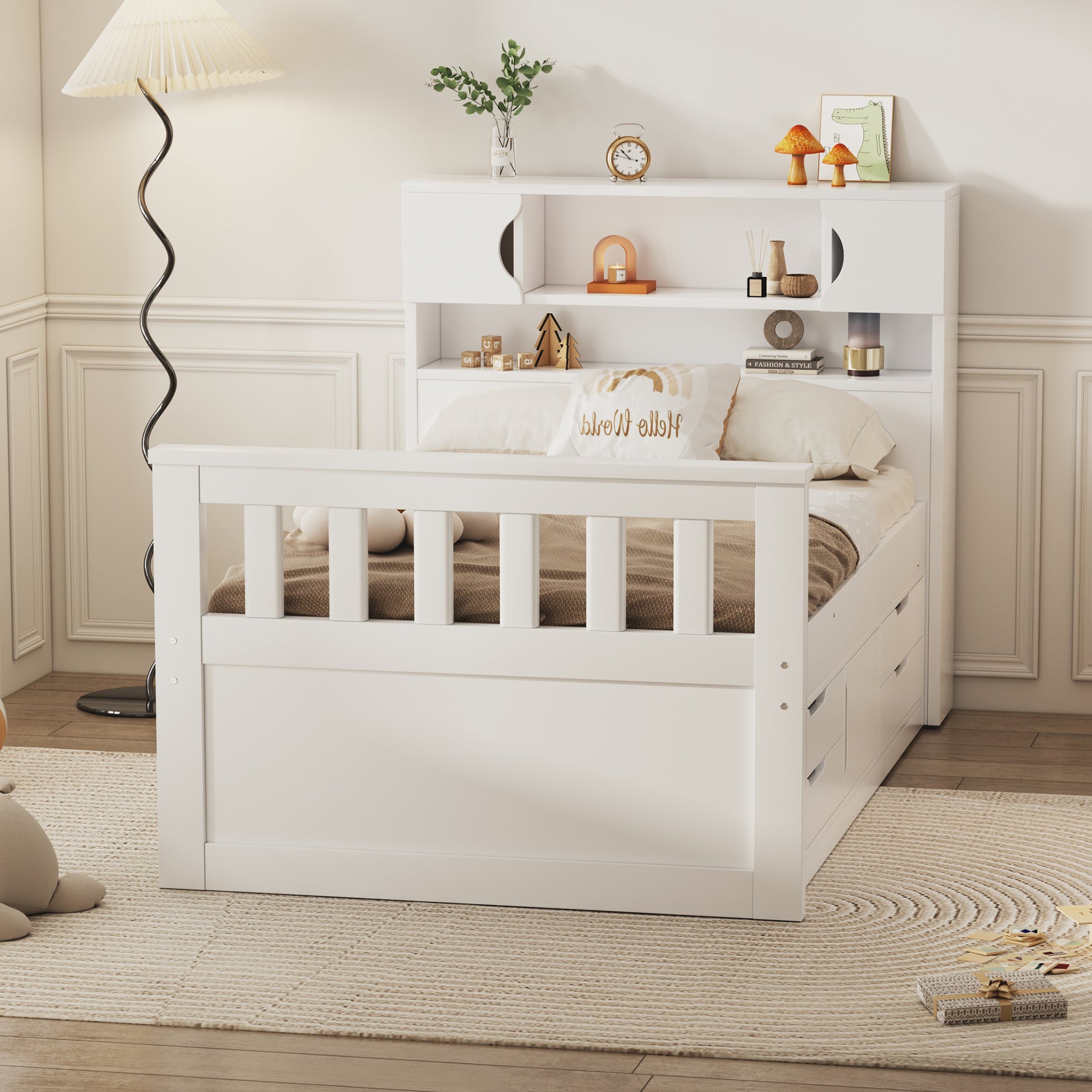 Twin Size Captain Platform Bed Frame With Storage Bookcases And Shelves,Four Drawers,White Twin White Solid Wood Mdf