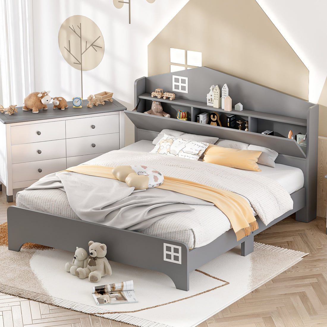 Wooden Full Size House Bed With Storage Headboard ,Kids Bed With Storage Shelf,Grey Grey Wood