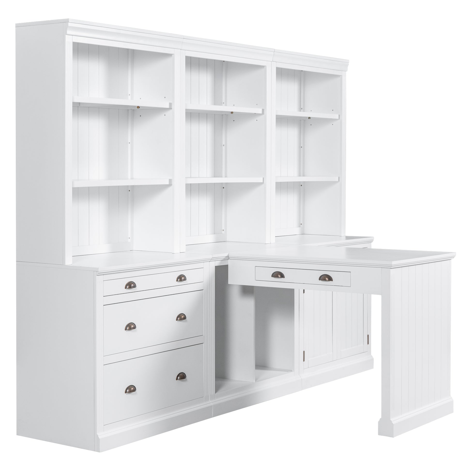 83.4"Tall 2 Bookshelf & 1 Writting Desk Suite,Modern Bookcase Suite With Led Lighting, Drawers,Study Desk And Open Shelves,3 Piece Set Storage Bookshelf For Living Room,Home Office,Study Room,White White Solid Wood Mdf