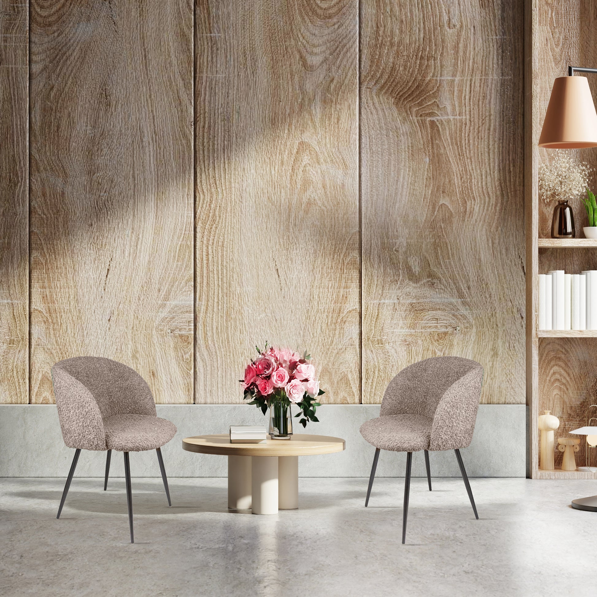 Adjust Legs Upholstered Teddy Faux Fur Dining Armrest Chair Set Of 2 Light Brown Metal Light Brown Dining Room Powder Coated Foam Dry Clean Round Mid Century Modern Solid Back Foam Polyester