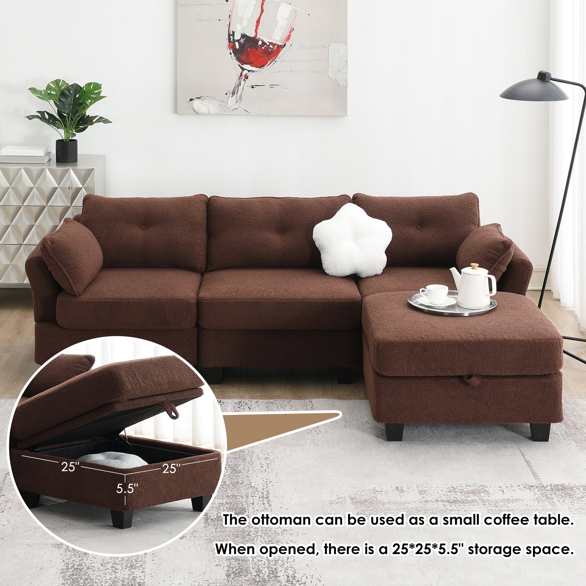 92*63"Modern Teddy Velvet Sectional Sofa,Charging Ports On Each Side,L Shaped Couch With Storage Ottoman,4 Seat Interior Furniture For Living Room, Apartment,3 Colors 3 Pillows Brown Teddy 4 Seat