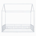 Full Size Metal House Bed With Fence And Door, White White Metal