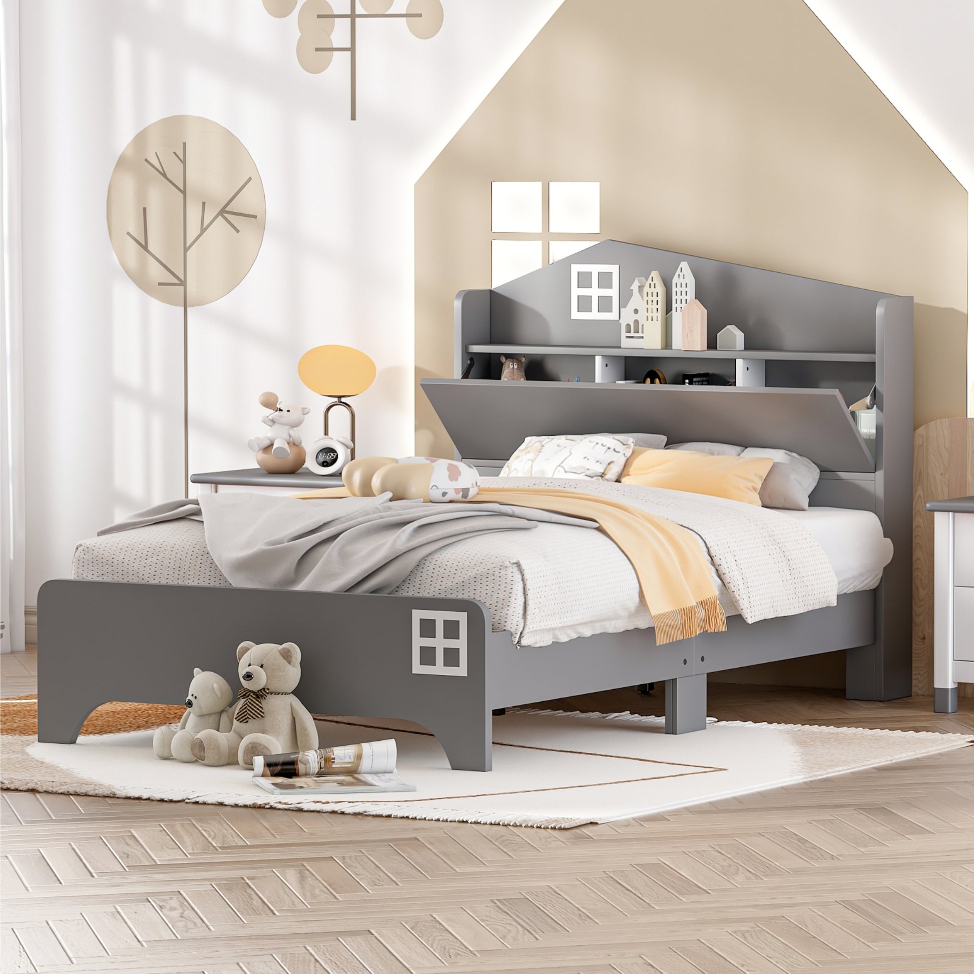 Wooden Twin Size House Bed With Storage Headboard ,Kids Bed With Storage Shelf,Grey Grey Wood