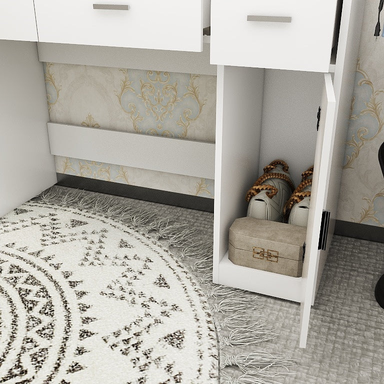 White Dressing Table With Led 3 Color Illuminated Mirror And Power Outlet, Dressing Table With Drawers, Storage Box And Shelf, Dressing Table With Bedroom Cushioned Stool White 5 Drawers & Above