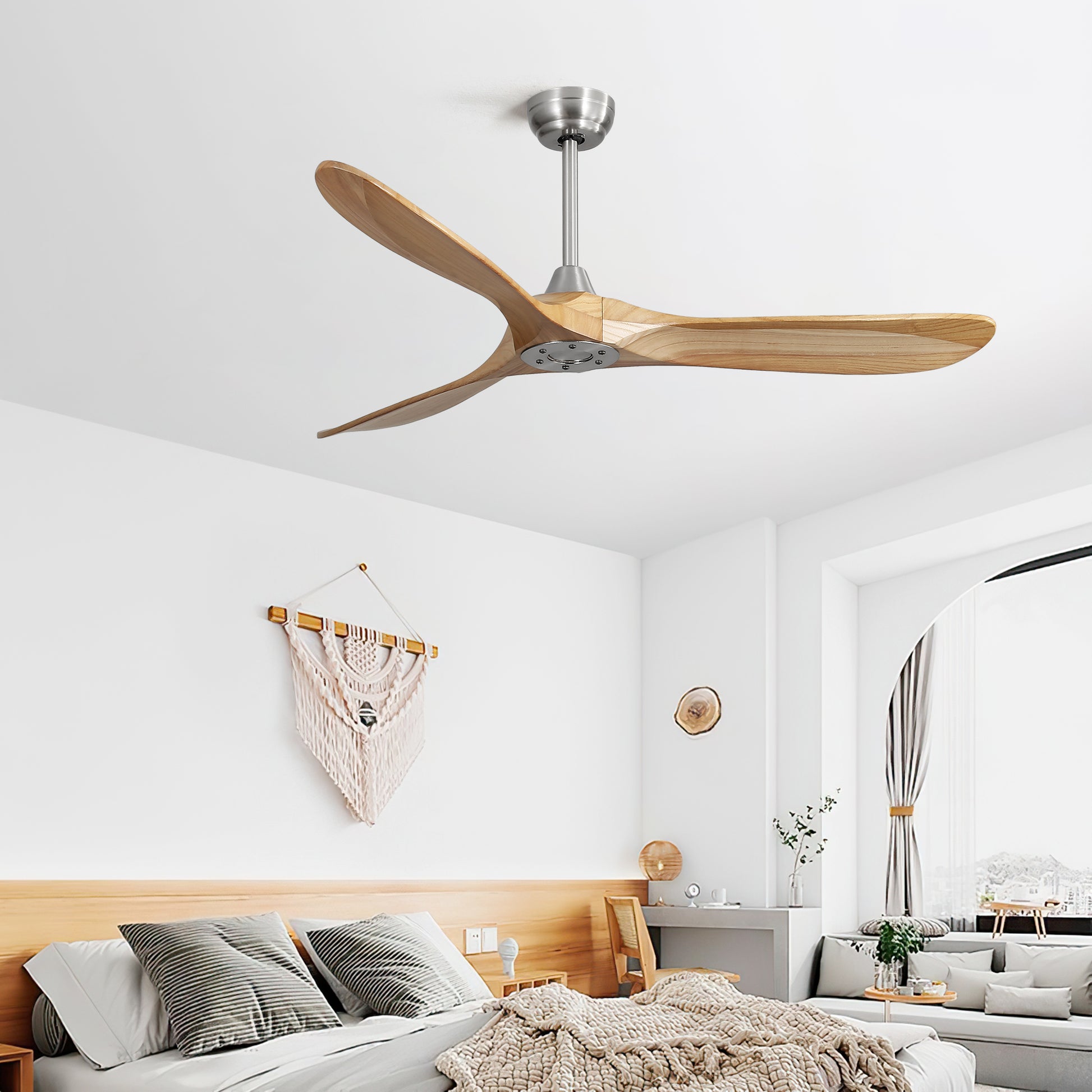 60 Inch Outdoor Ceiling Fan Without Light 3 Solid Wood Blade With Dc Motor Remote Control Brushed Nickel Metal & Wood