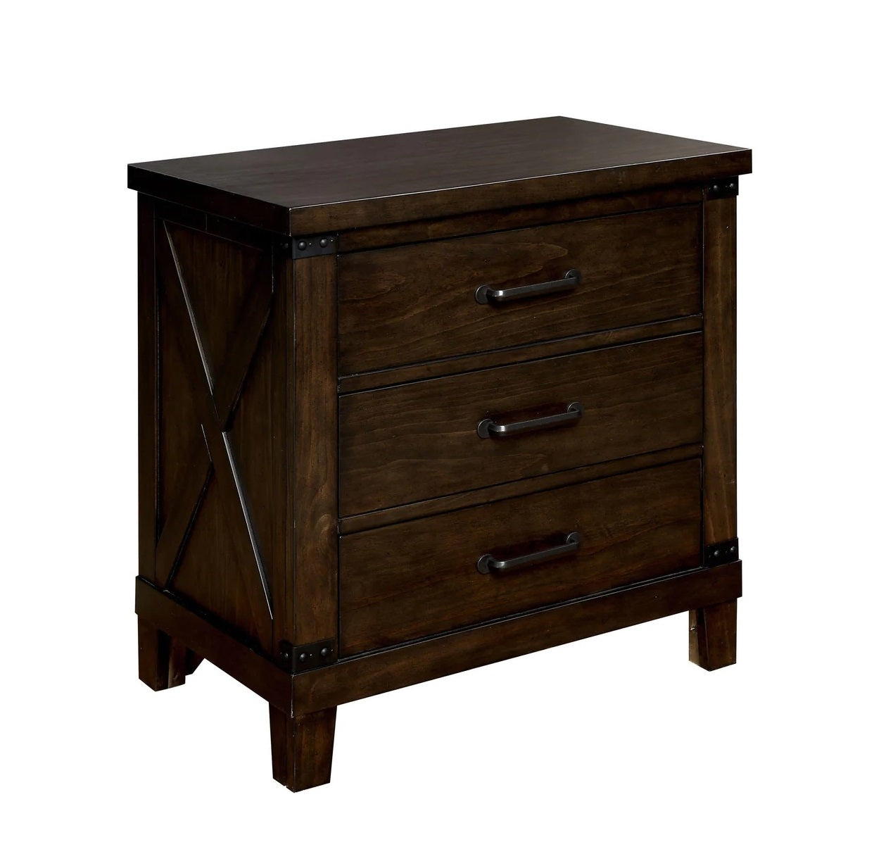 Rustic Style Dark Walnut Finish 1Pc Nightstand Bedroom Furniture Solid Wood 3 Drawers Bedside Table Black Bar Pulls Walnut 2 Drawers Bedroom Bedside Cabinet Classic,Contemporary,Modern Rubberwood Drawers Solid Wood