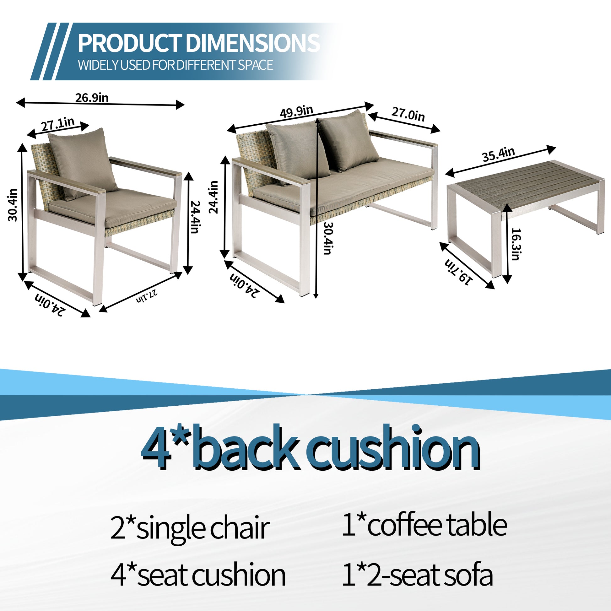 Aluminum And Rattan Modern 4 Piece Sofa Seating Group For Patio Garden Outdoor Yes Complete Patio Set Gray Silver Mildew Resistant Frame Fade Resistant Cushion Garden & Outdoor Modern Complete Patio Sets Aluminium Aluminium