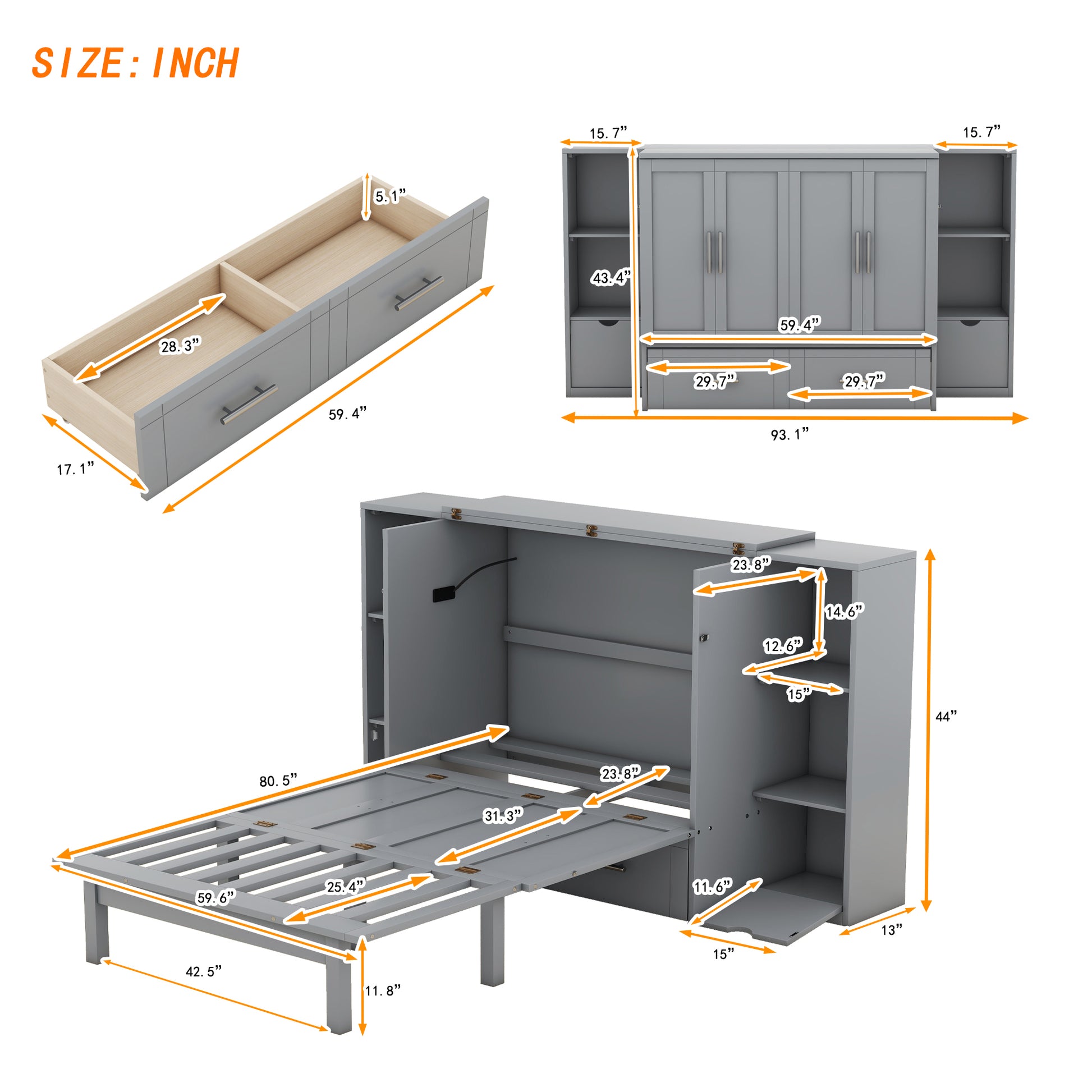 Queen Size Murphy Bed With Shelves, Drawers And Usb Ports,Gray Gray Mdf Lvl