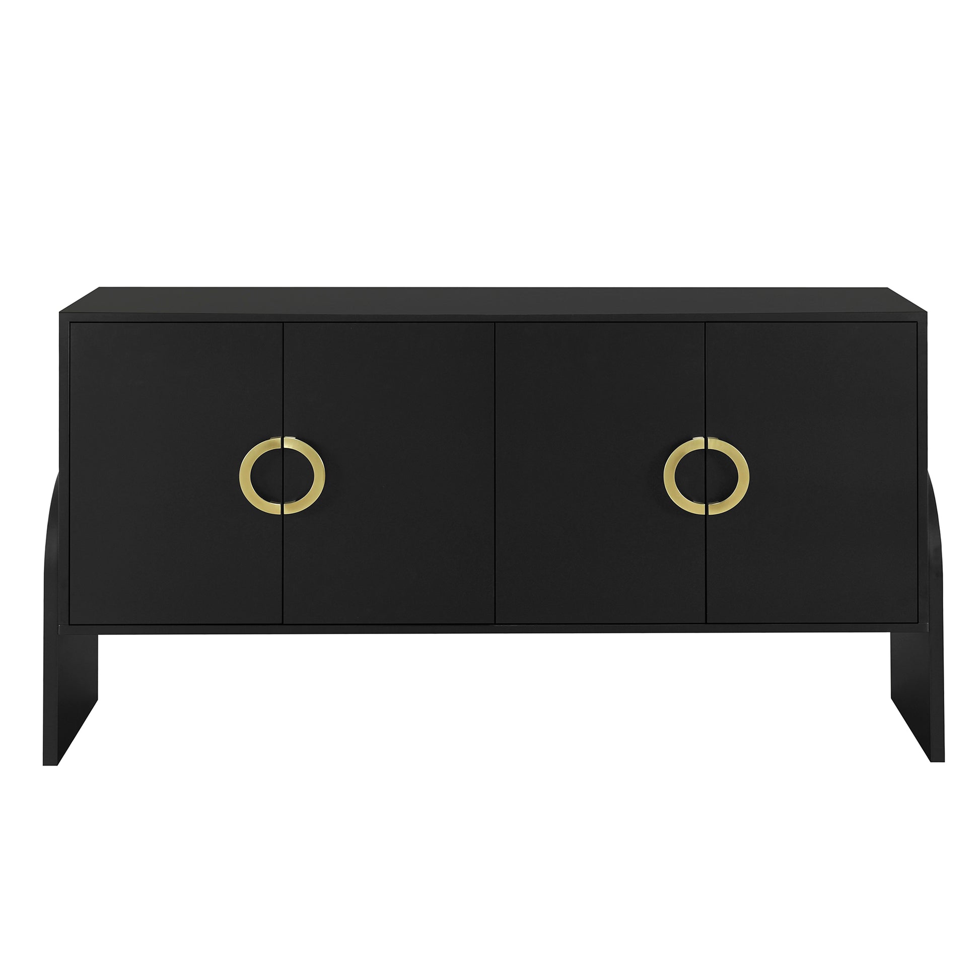 Four Door Metal Handle Storage Cabinet, Suitable For Study, Living Room, Adjustable Shelf Black Solid Wood Mdf