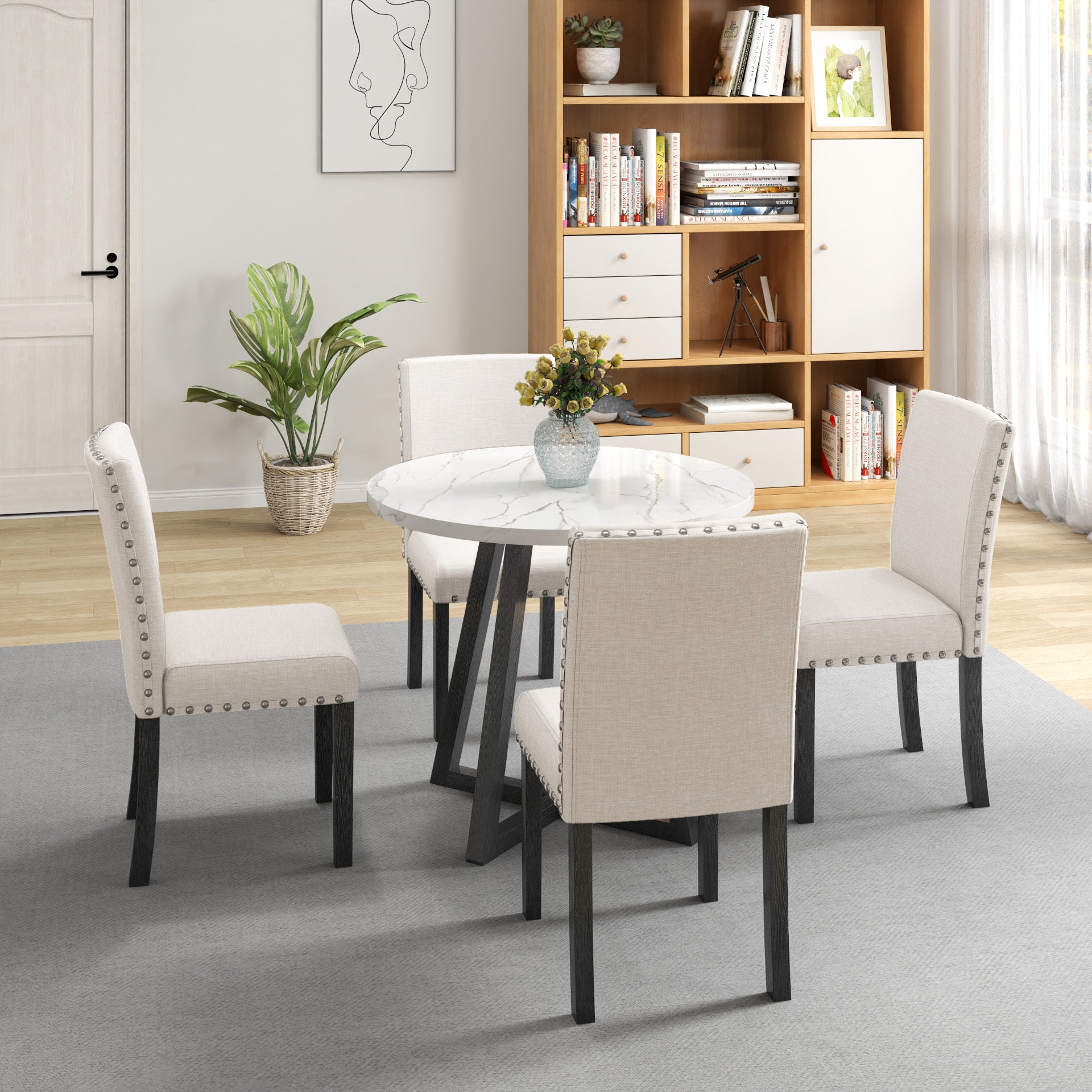Five Piece Dining Room Set With Imitation Marble Table Top, Solid Wood Dining Table And 4 Chairs, Space Saving Kitchen And Dining Room Combination Furniture. Black White Solid Wood Mdf