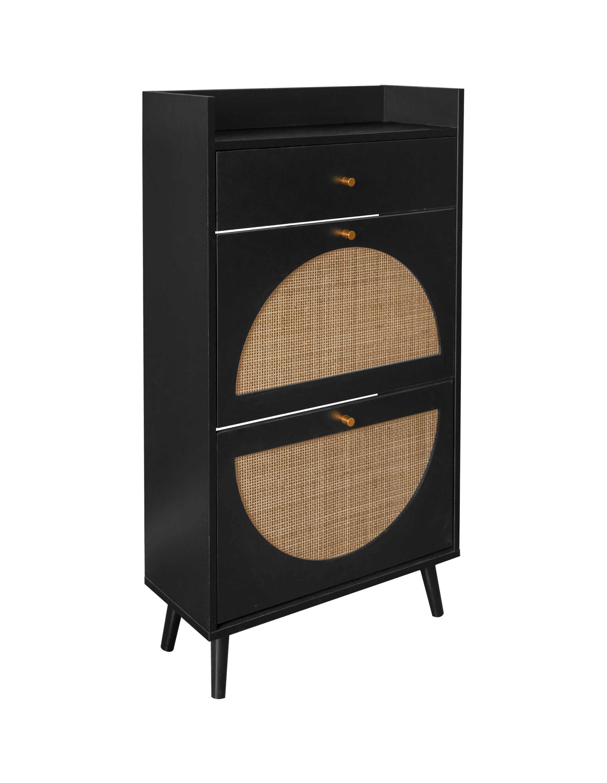 Rattan, Allen 2 Door 1 Drawer Cabinet, Shoe Rack, Double Layer, Suitable For Entrance Black Particle Board