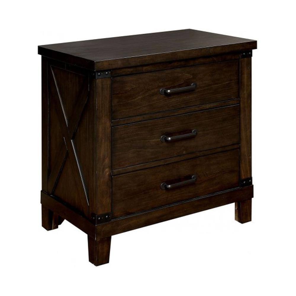 Rustic Style Dark Walnut Finish 1Pc Nightstand Bedroom Furniture Solid Wood 3 Drawers Bedside Table Black Bar Pulls Walnut 2 Drawers Bedroom Bedside Cabinet Classic,Contemporary,Modern Rubberwood Drawers Solid Wood