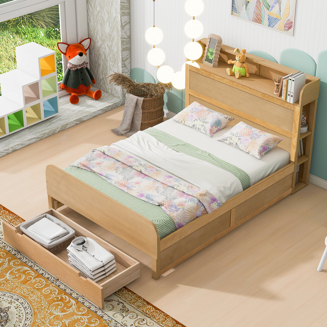 Full Size Platform Bed With Storage Headboard And A Big Drawer, Wood Color Box Spring Not Required Full Wood Wood Bedroom Bed Frame Solid Wood Mdf