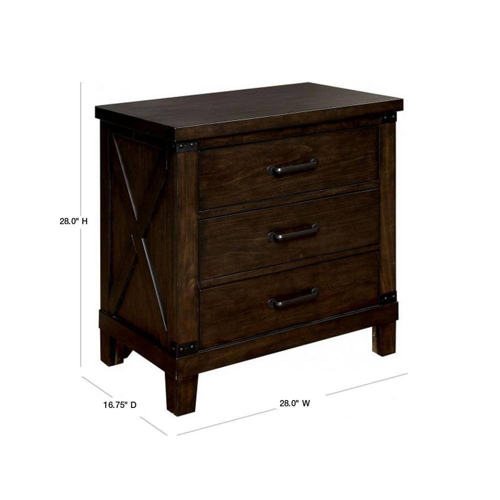 Rustic Style Dark Walnut Finish 1Pc Nightstand Bedroom Furniture Solid Wood 3 Drawers Bedside Table Black Bar Pulls Walnut 2 Drawers Bedroom Bedside Cabinet Classic,Contemporary,Modern Rubberwood Drawers Solid Wood