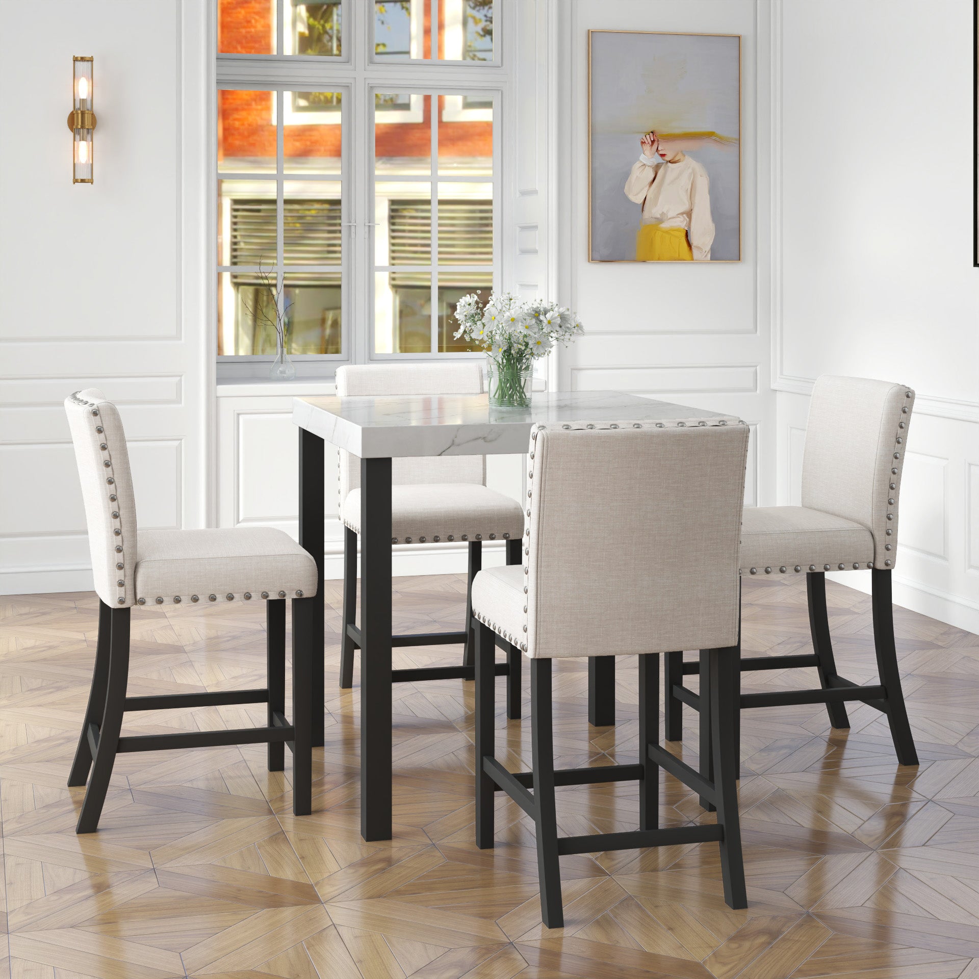 Five Piece Dining Set With Imitation Marble Tabletop, Restaurant Combination Set, Solid Wood Dining Table And 4 Chairs, Space Saving Combination Furniture For Kitchen And Dining Room. Black White Solid Wood Mdf