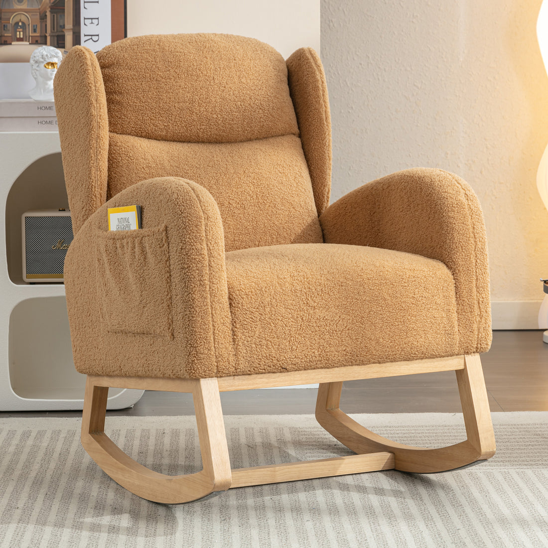 049 Teddy Fabric Rocking Chair With Packet Wood Legs,Khaki Wood Solid Khaki Primary Living Space Foam Wipe Clean Modern Rocking Chairs Eucalyptus Tufted Back Foam Teddy