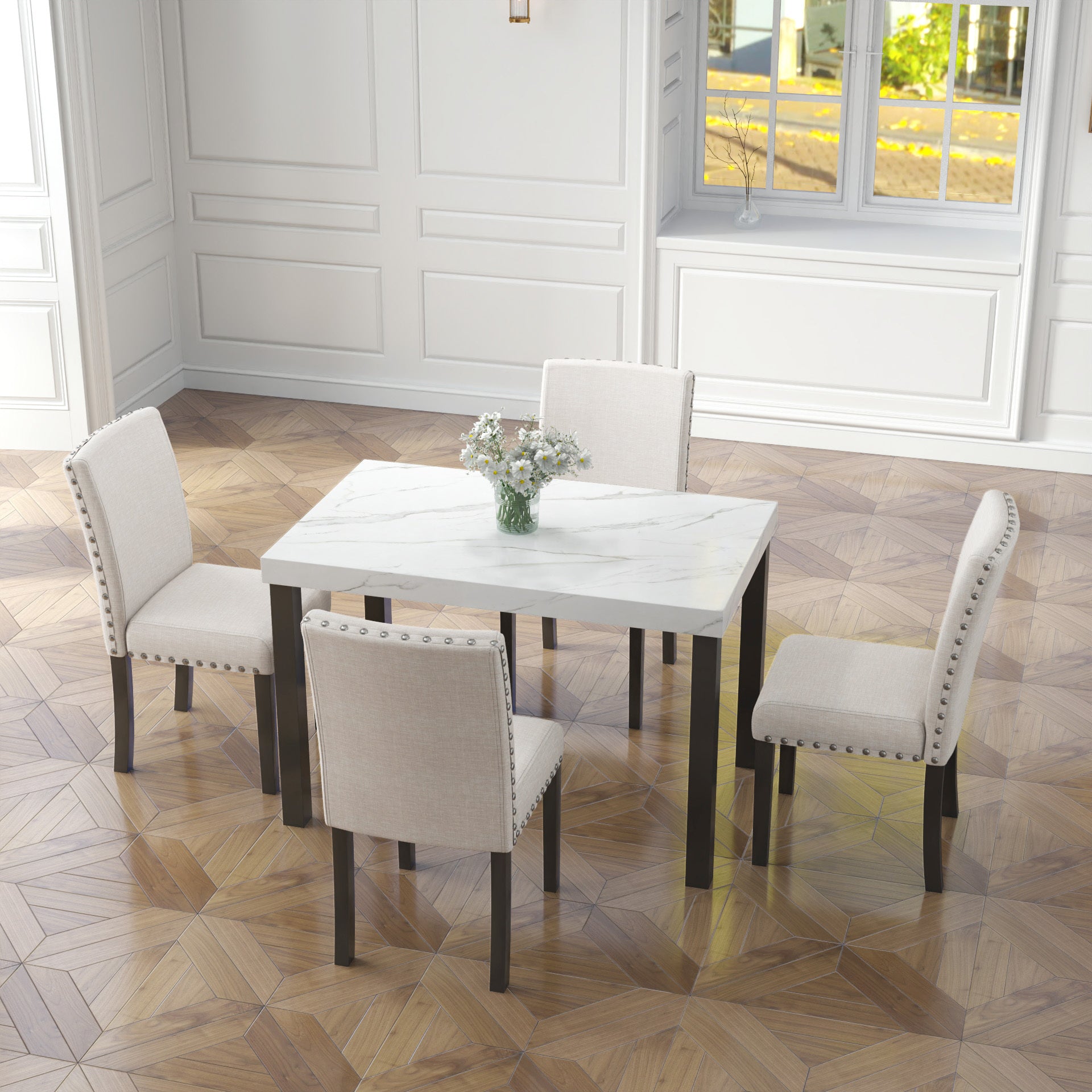Five Piece Dining Set With Imitation Marble Tabletop, Restaurant Combination Set, Solid Wood Dining Table And 4 Chairs, Space Saving Combination Furniture For Kitchen And Dining Room. Black White Solid Wood Mdf