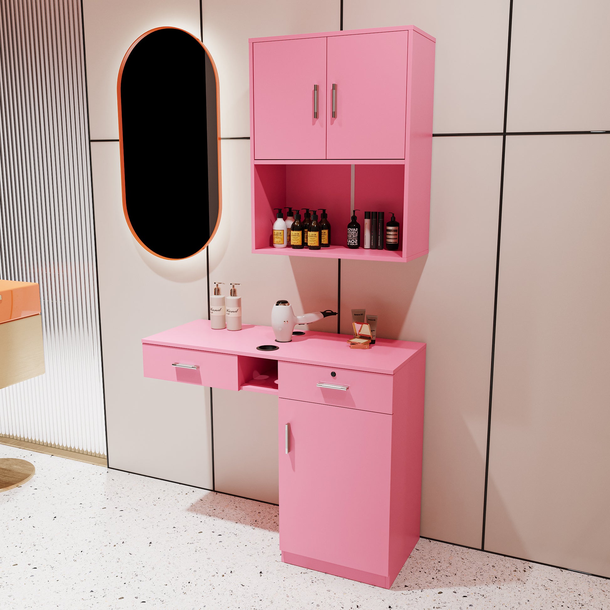 Wall Mount Barber Salon Station, Salon Storage Hair Stylist Equipment Set W Appliance Holders Lockable Drawers Storage Cabinet Pink Mdf