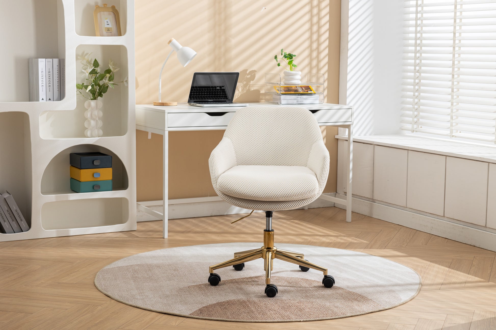 046 Mesh Fabric Home Office 360 Swivel Chair Adjustable Height With Gold Metal Base,Beige Solid Beige Office Sponge Wipe Clean Modern Office Chairs Tufted Back Foam Adjustable Height Fabric Mesh