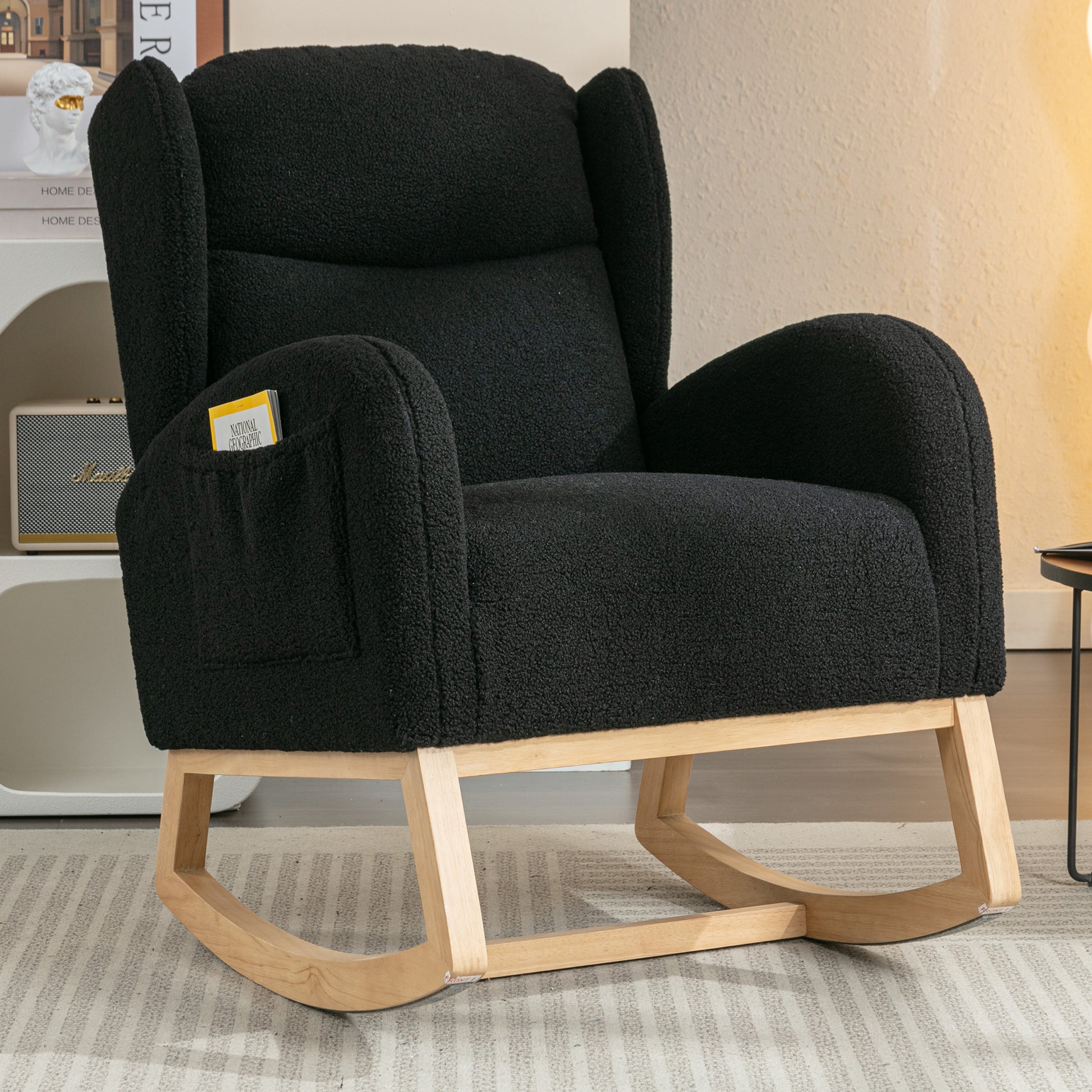 049 Teddy Fabric Rocking Chair With Packet Wood Legs,Black Wood Solid Black Primary Living Space Foam Wipe Clean Modern Rocking Chairs Eucalyptus Tufted Back Foam Teddy