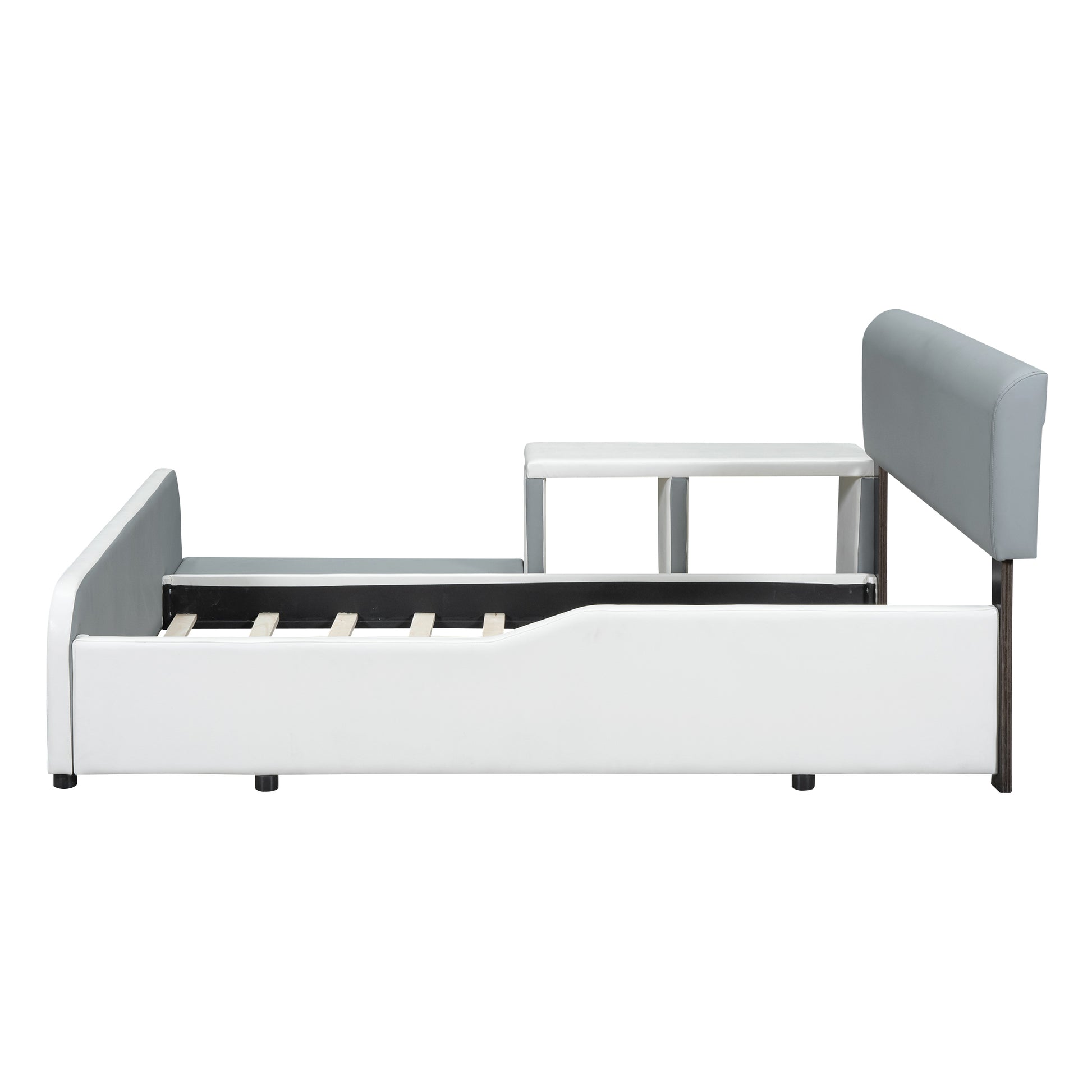 Full Size Upholstered Platform Bed With Storage Nightstand And Guardrail, Gray Box Spring Not Required Full Gray Wood Bedroom Upholstered
