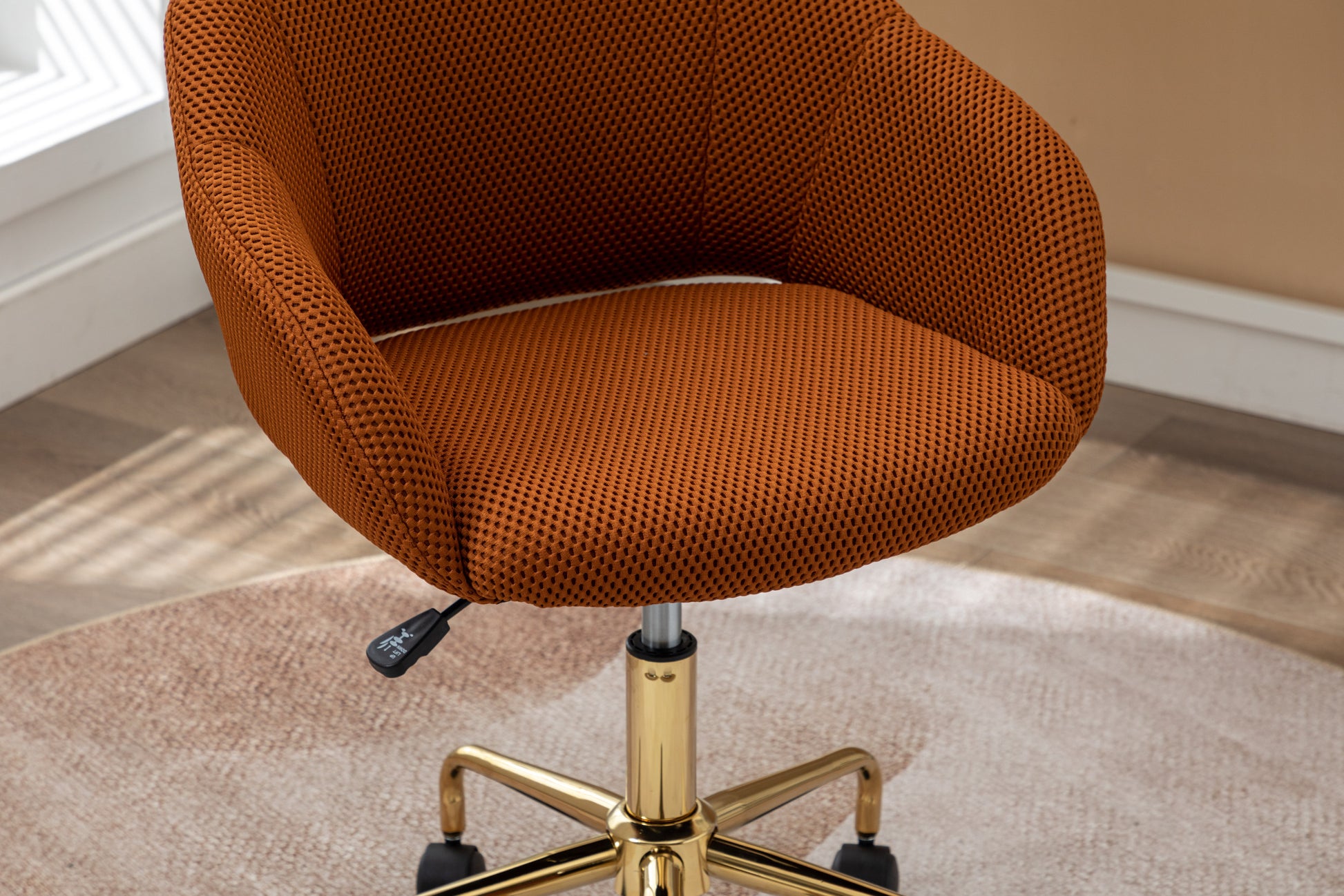 047 Mesh Fabric Home Office 360 Swivel Chair Adjustable Height With Gold Metal Base,Caramel Solid Caramel Office Sponge Wipe Clean Modern Office Chairs Tufted Back Foam Adjustable Height Fabric Mesh