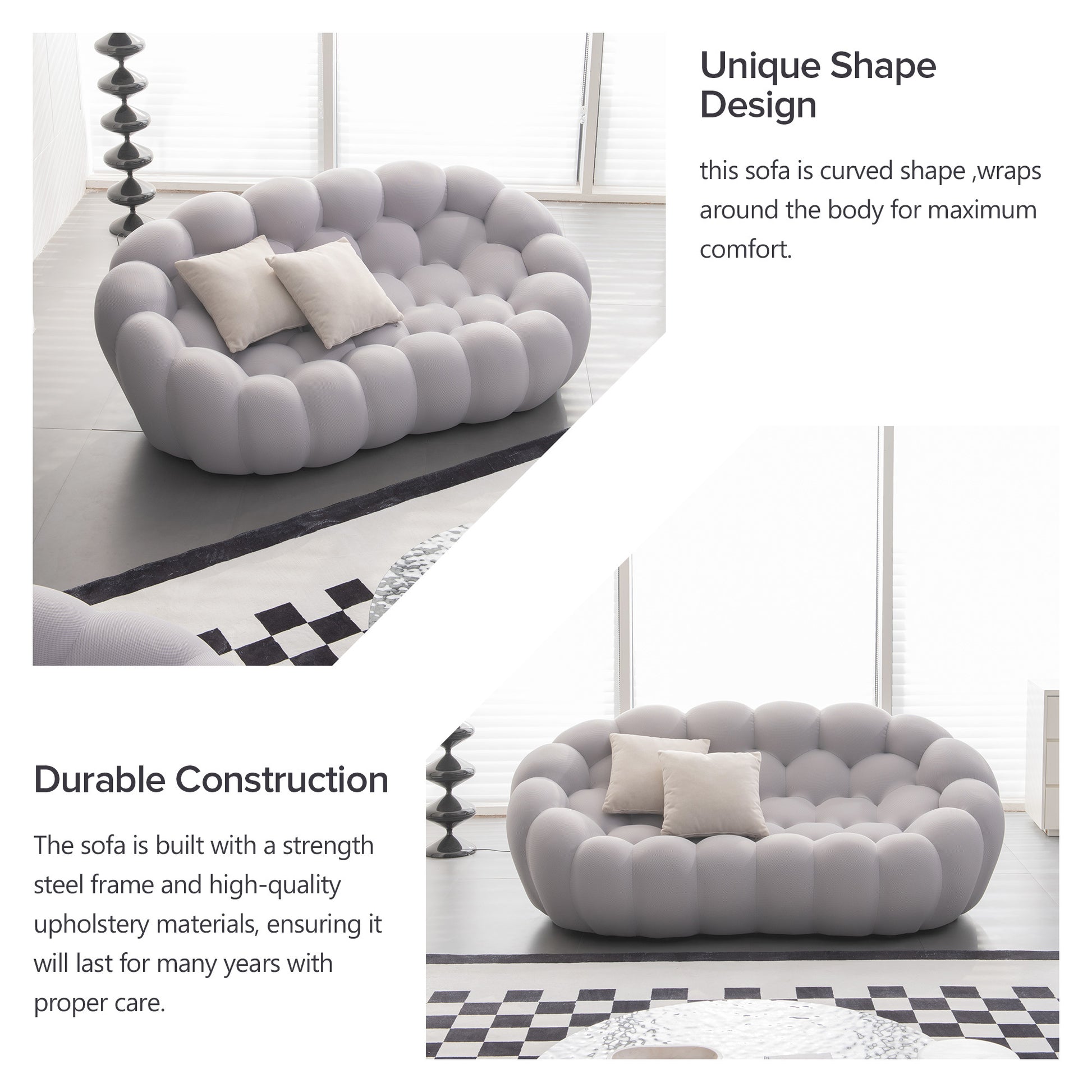74.8'' Modern Bubble Floor Couch For Living Room,Gray Gray Foam Fabric 2 Seat