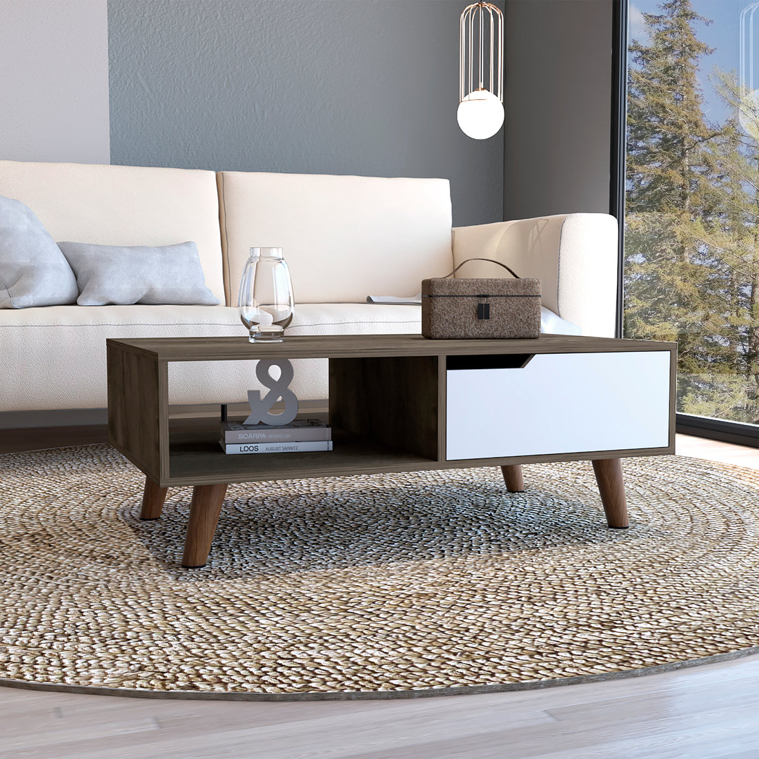 15" H Rectangular Dark Brown White Coffee Table, 4 Metal Legs, 1 Vertical Divider For Designer Books, And 1 Drawer For Storing Small Things. Multicolor Particle Board Particle Board