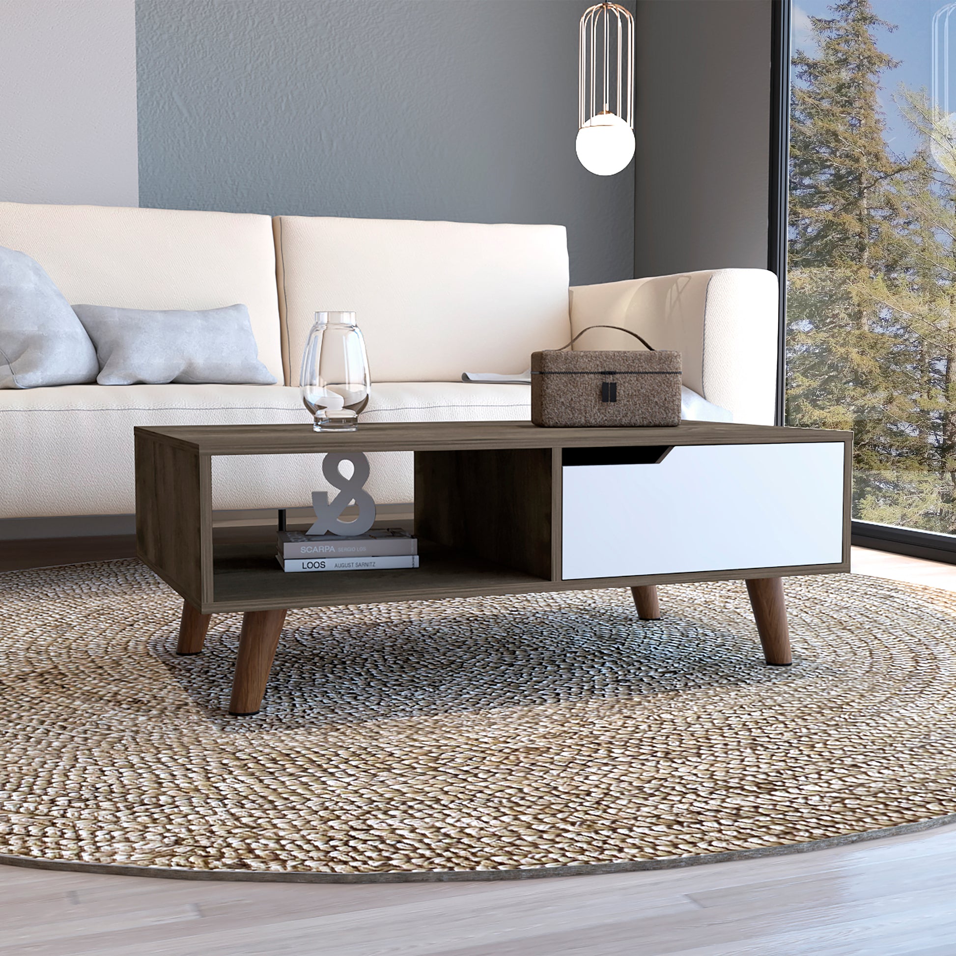 15" H Rectangular Dark Brown White Coffee Table, 4 Metal Legs, 1 Vertical Divider For Designer Books, And 1 Drawer For Storing Small Things. Multicolor Particle Board Particle Board