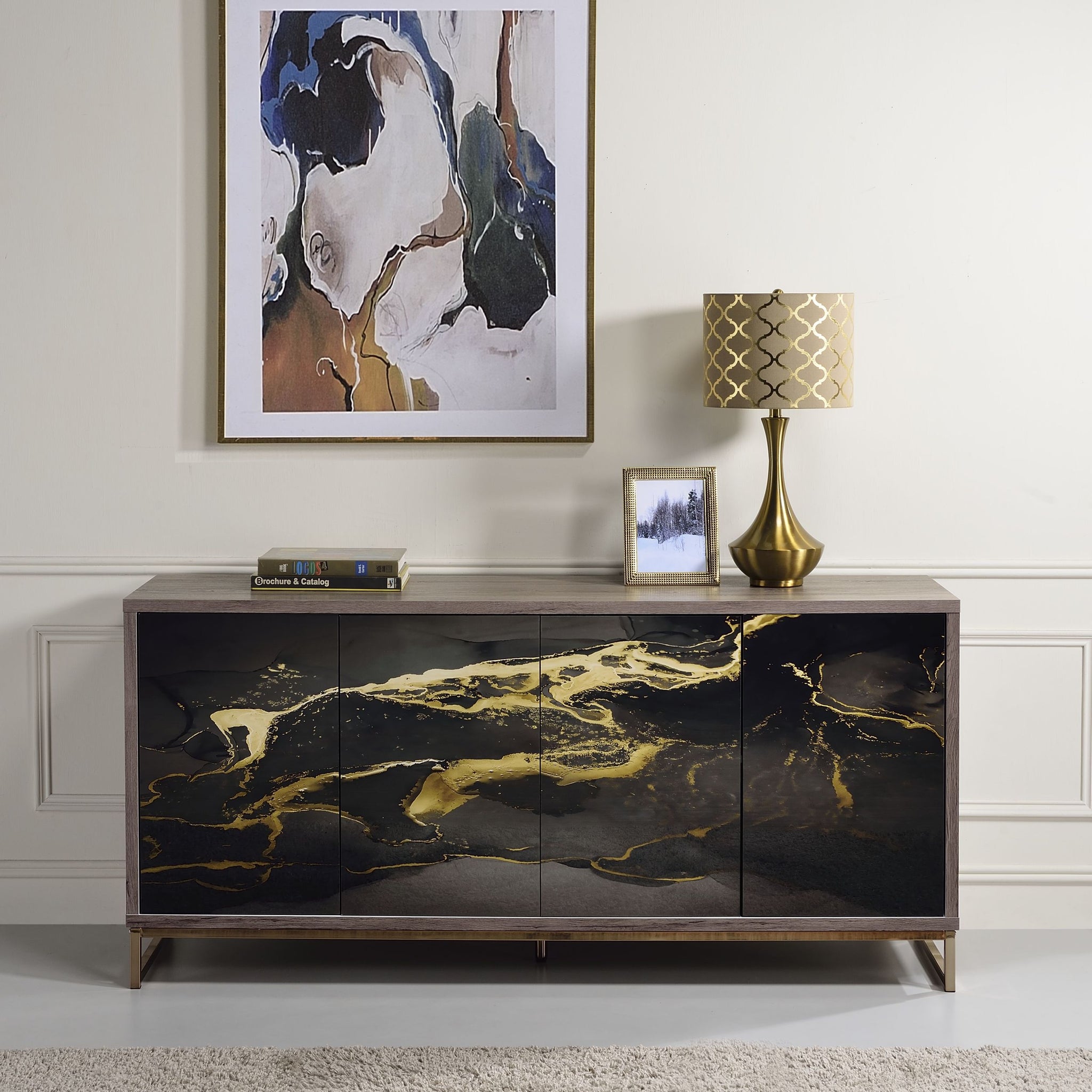 Payo Console Cabinet, Black Marble Paint, Oak & Champagne Ac02342 Oak Metal