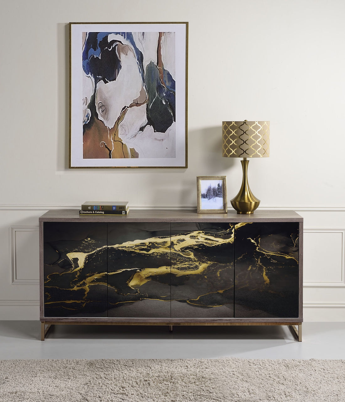 Payo Console Cabinet, Black Marble Paint, Oak & Champagne Ac02342 Oak Metal