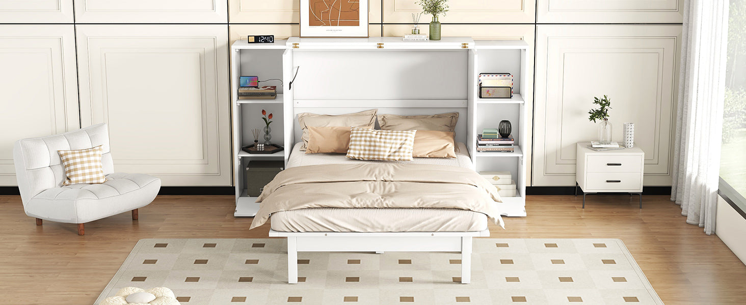 Queen Size Murphy Bed With Shelves, Drawers And Usb Ports,White White Mdf Lvl