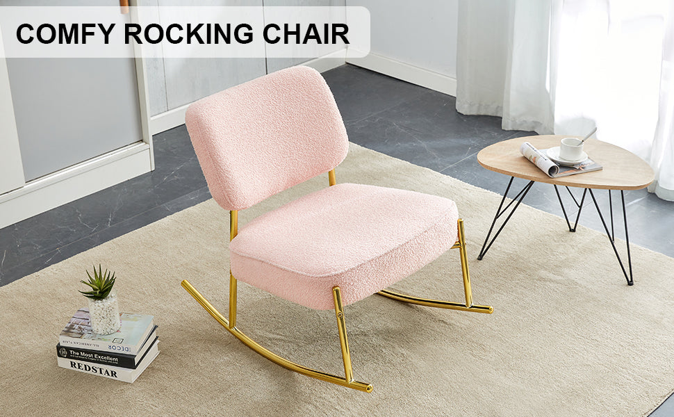 Teddy Velvet Material Cushioned Rocking Chair, Unique Rocking Chair, Cushioned Seat, Pink Backrest Rocking Chair, And Golden Metal Legs. Comfortable Side Chairs In The Living Room, Bedroom, And Office Pink Velvet