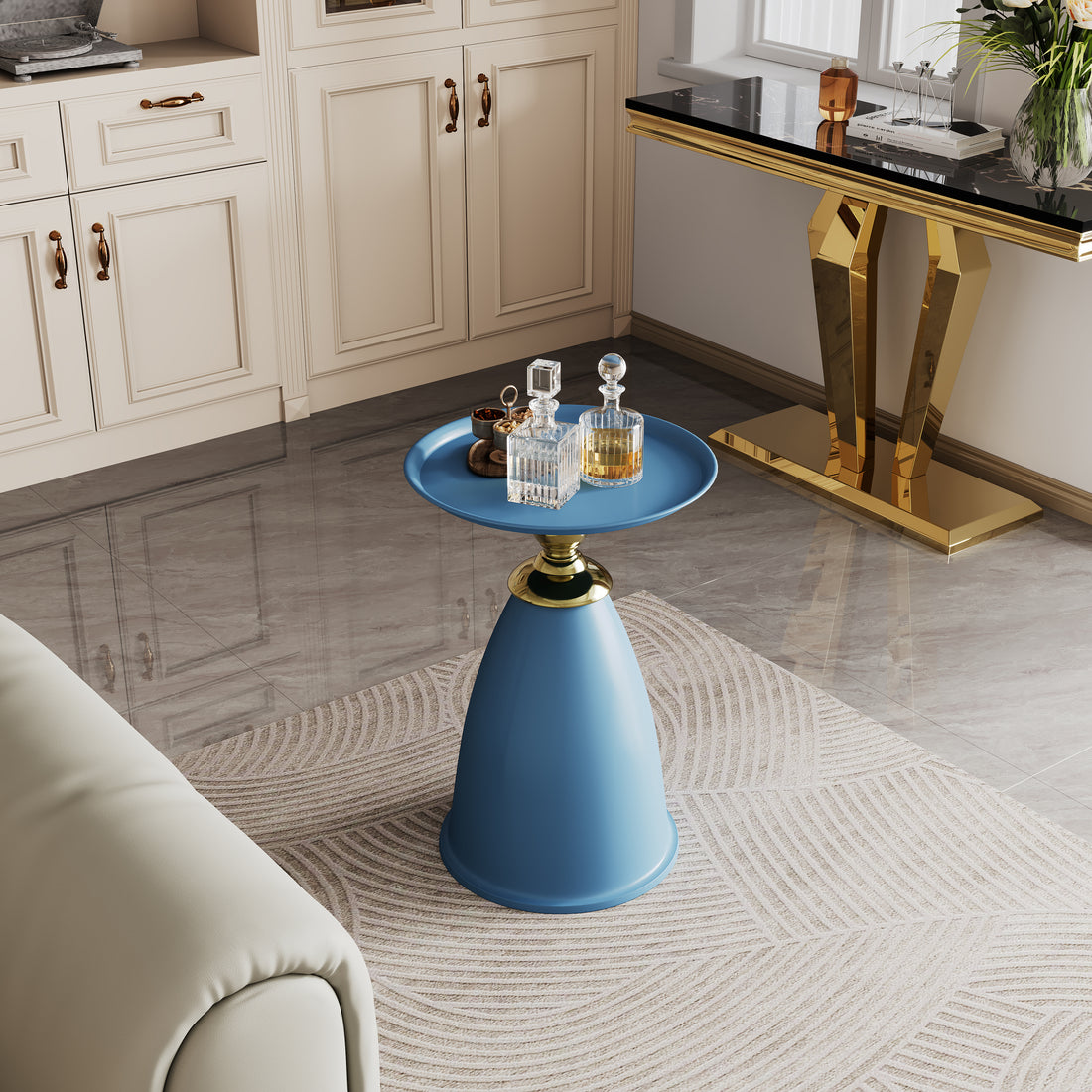 Luxury Design Iron End Table, Minimalist Round Side Table For Small Space Blue Iron