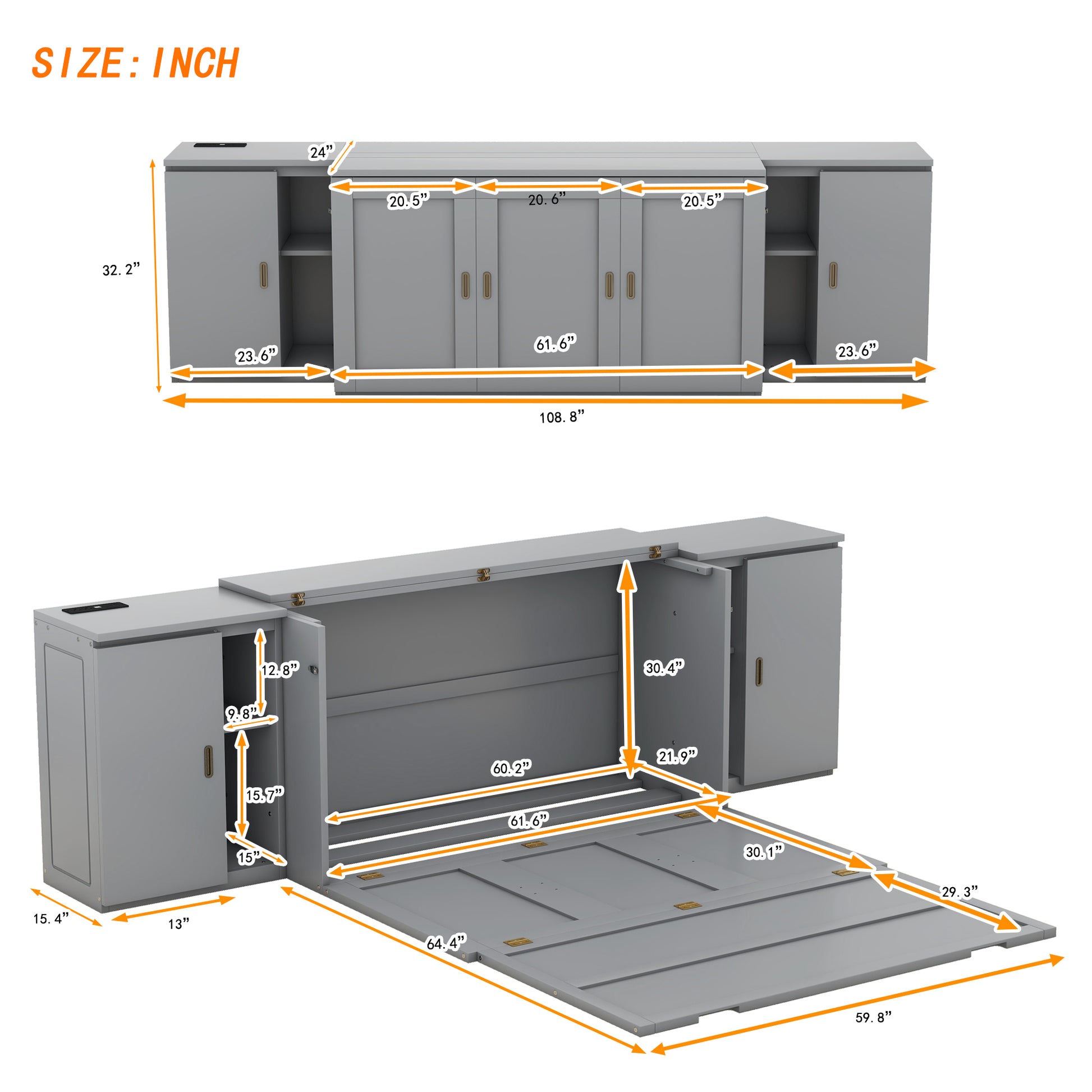 Queen Size Murphy Bed With Shelves, Cabinets And Usb Ports,Gray Queen Gray Mdf Lvl