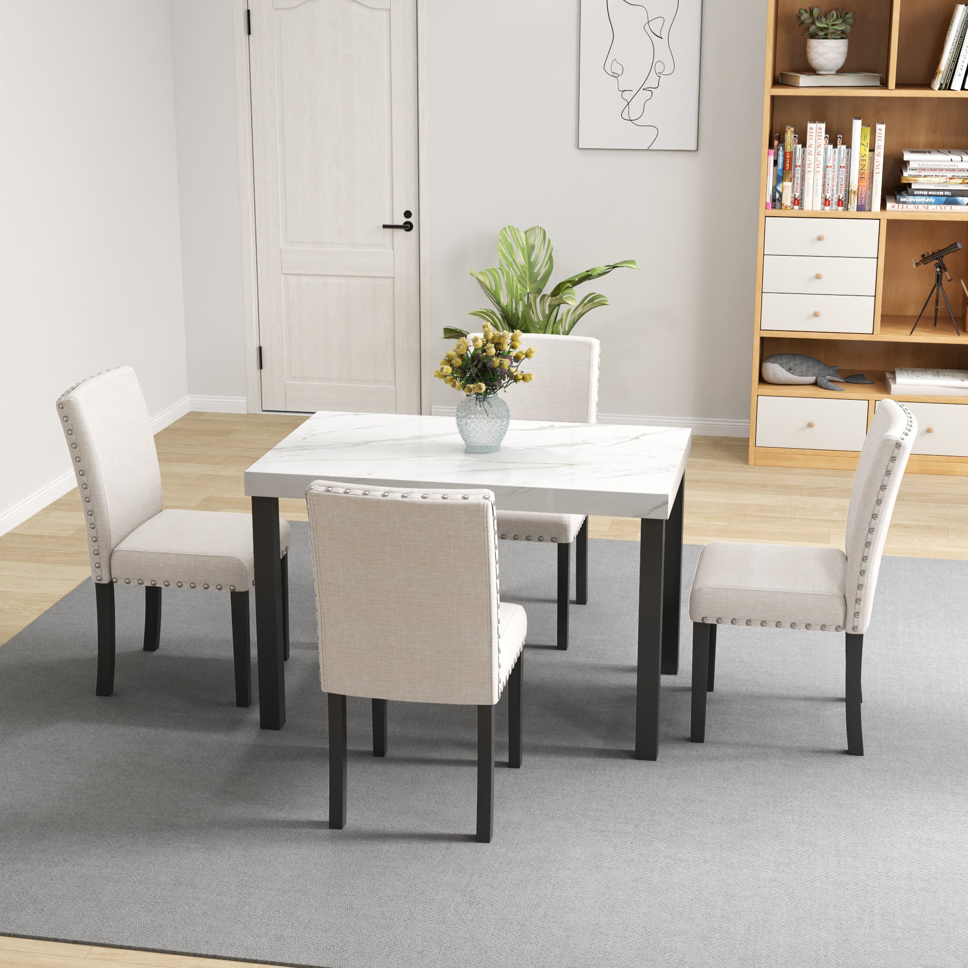Five Piece Dining Set With Imitation Marble Tabletop, Restaurant Combination Set, Solid Wood Dining Table And 4 Chairs, Space Saving Combination Furniture For Kitchen And Dining Room. Black White Solid Wood Mdf